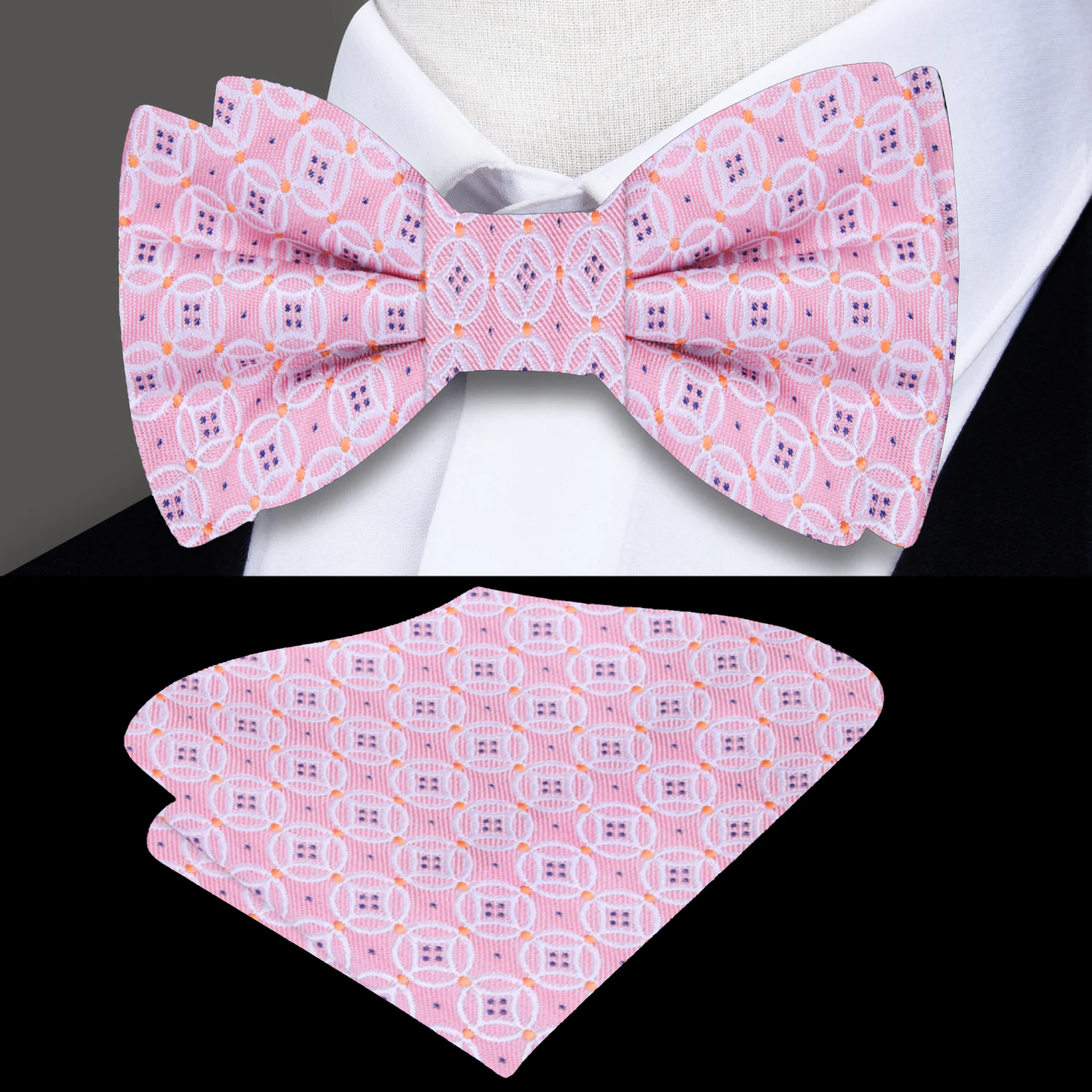 Close-up of pink geometric bow tie with colorful pattern for weddings