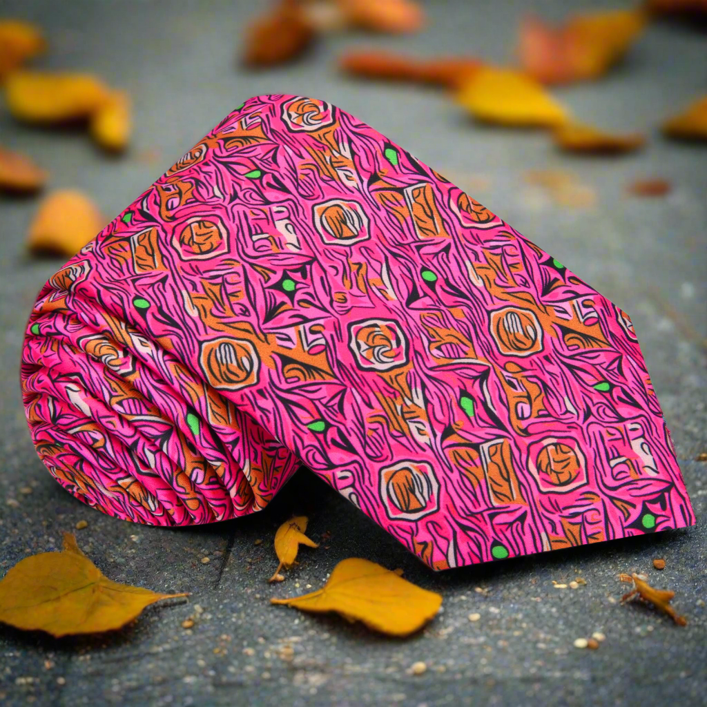 Close-up of vibrant abstract watercolor silk tie showcasing pink, orange, and green hues.