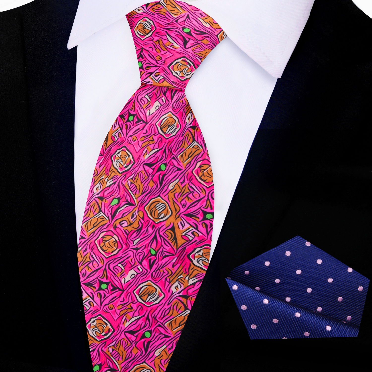 Close-up of vibrant abstract watercolor silk tie showcasing pink, orange, and green hues.