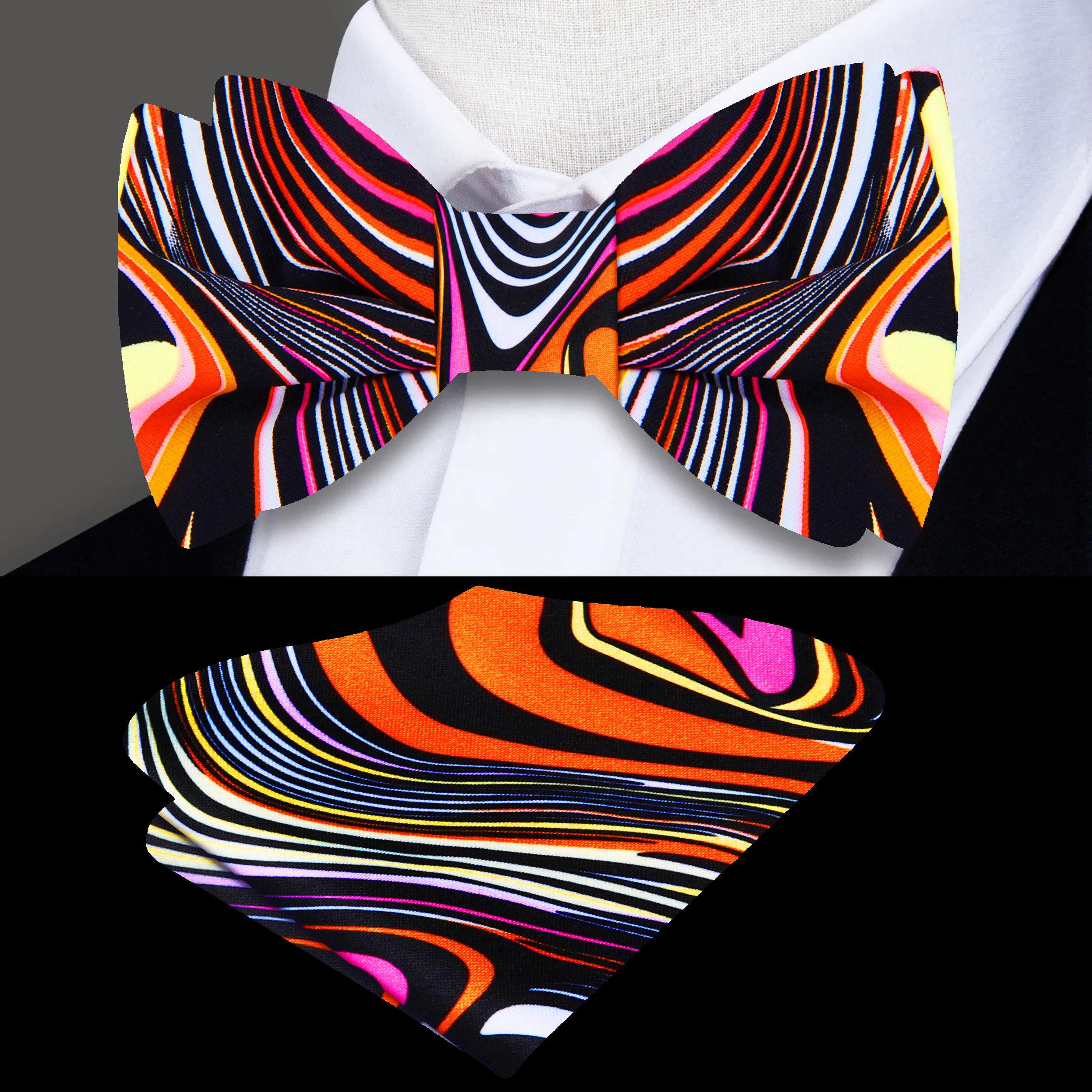 Close-up view of the elegant swirly silk bow tie showcasing its intricate pattern.
