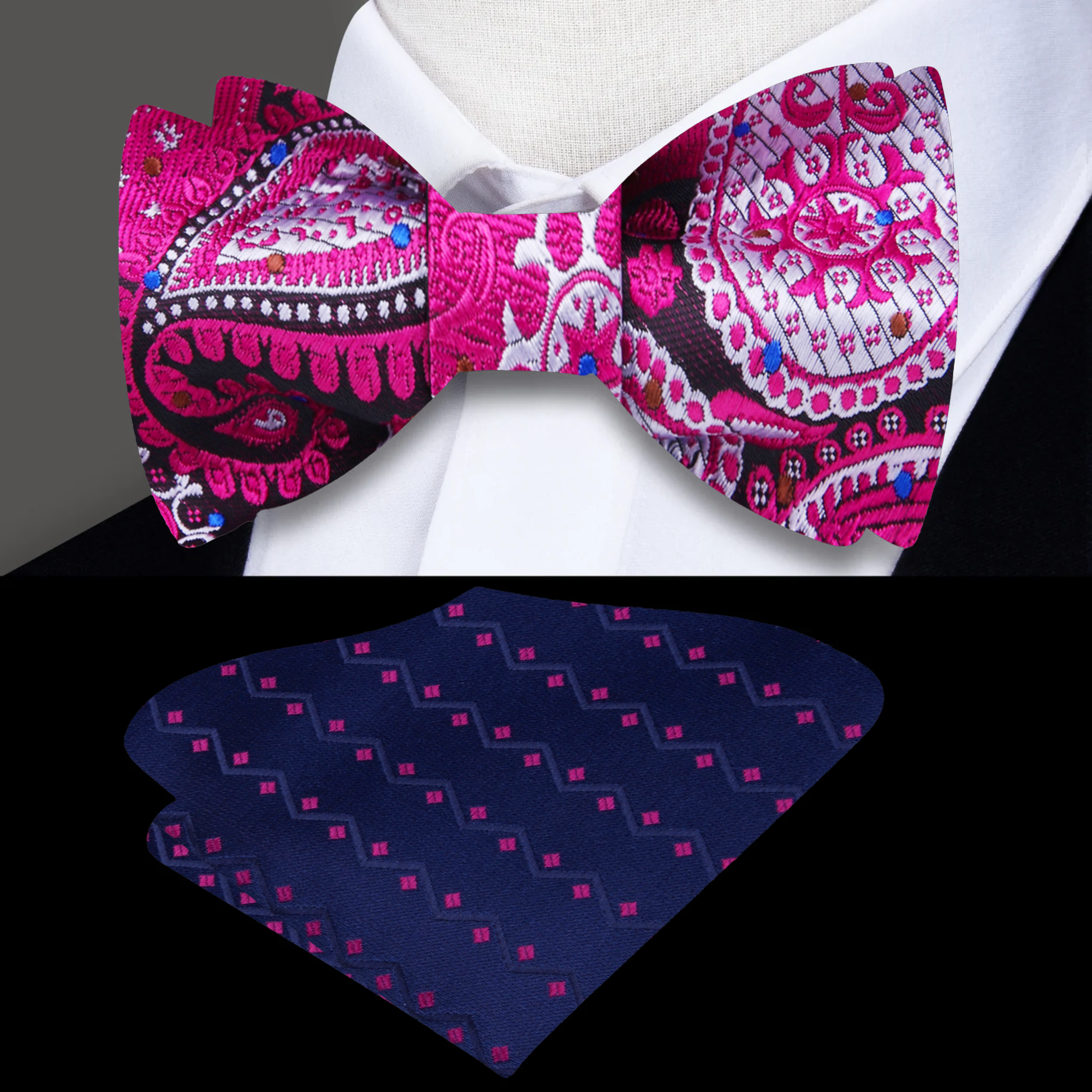 Fashionable paisley bow tie styled with a white dress shirt for a wedding