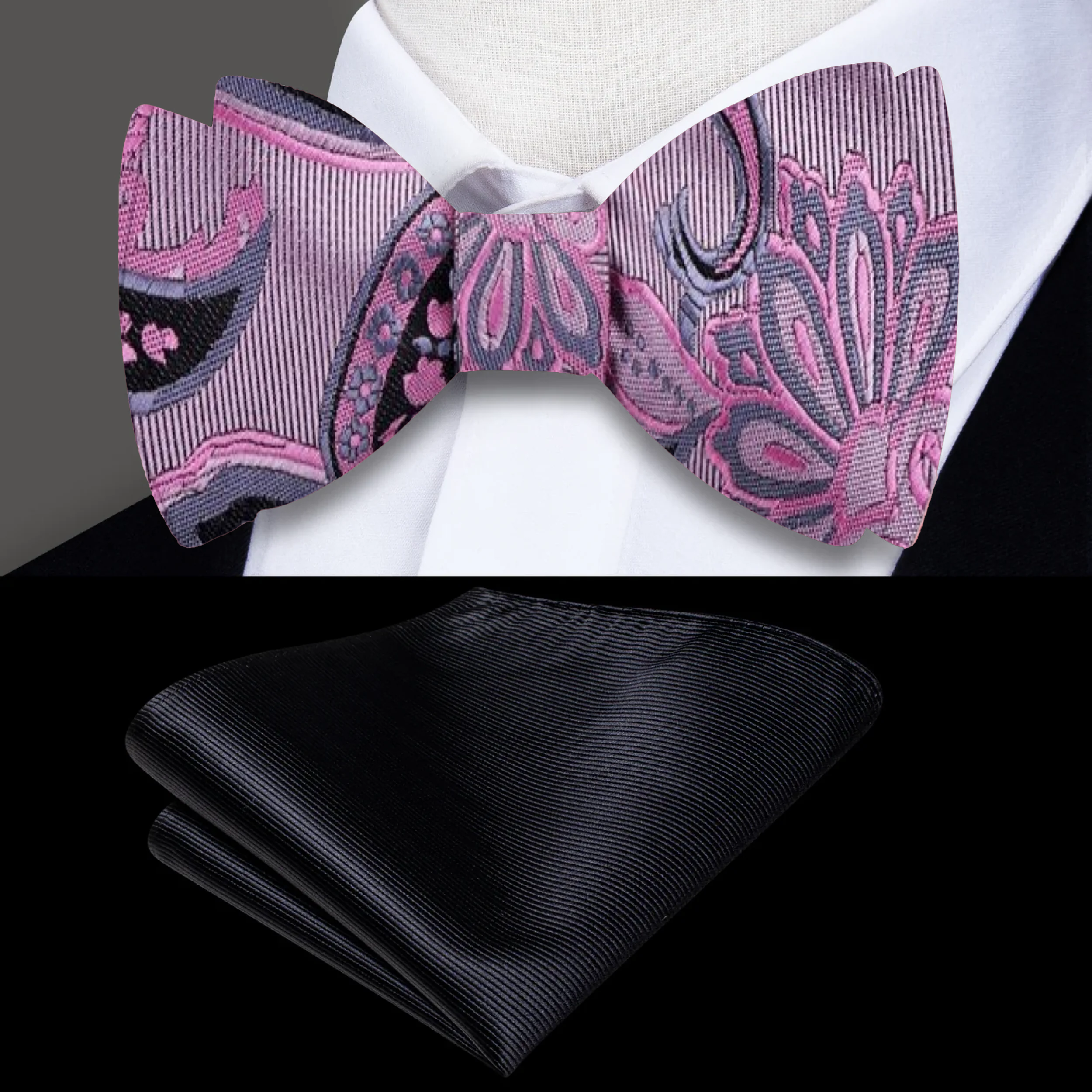 Elegant pink and black paisley bow tie styled with a white dress shirt for a wedding look