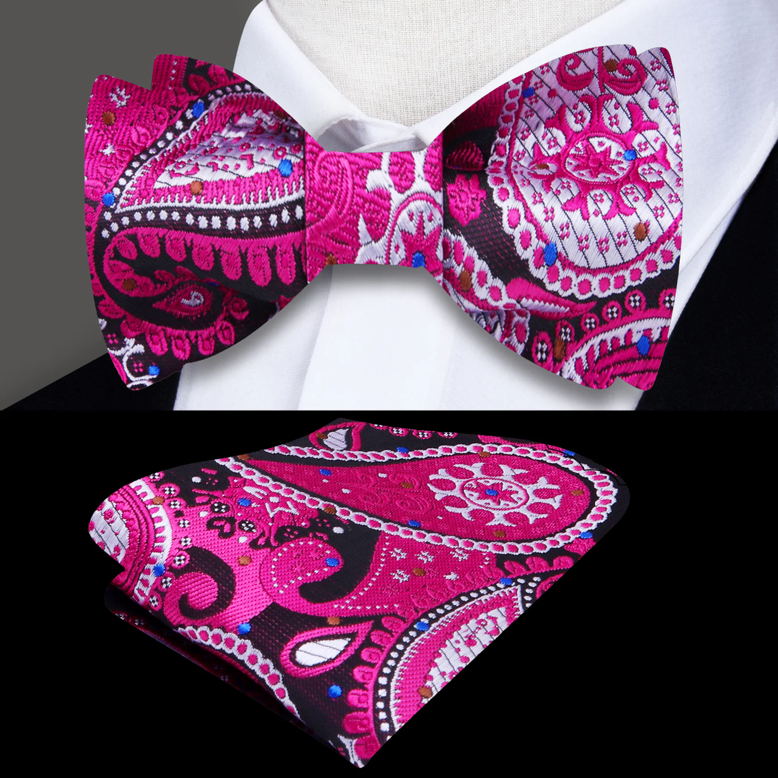 Close-up of vibrant paisley silk bow tie in orange, suitable for weddings