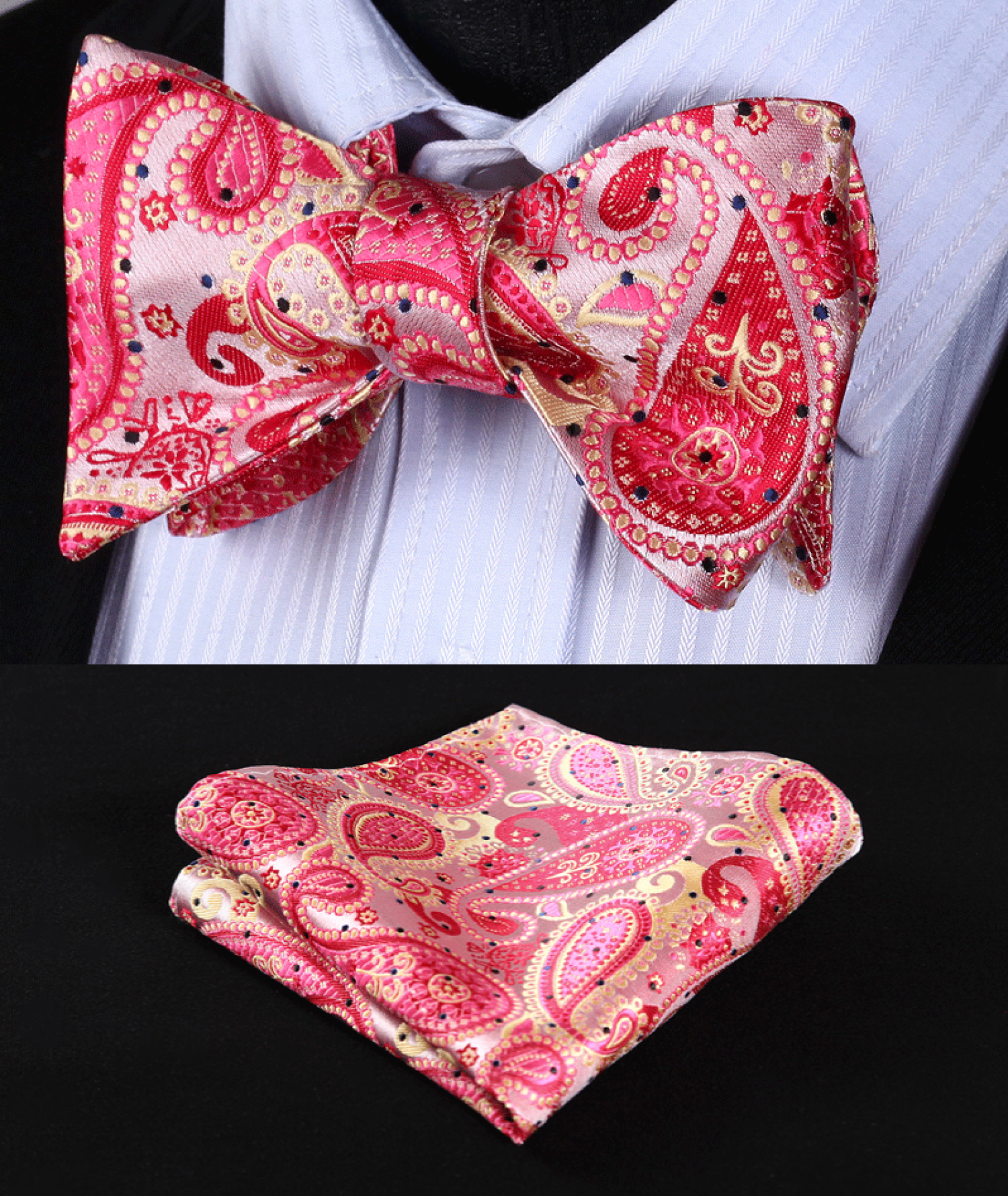 Self-tie bow tie set displayed with a matching pocket square on a navy suit.