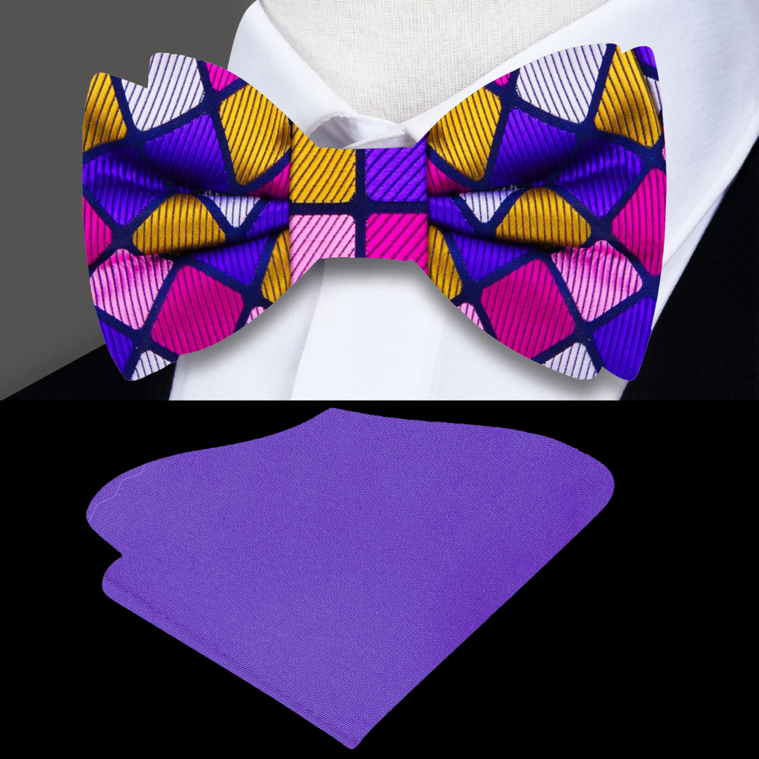Self-tie bow tie styled with a crisp white dress shirt for a formal look.