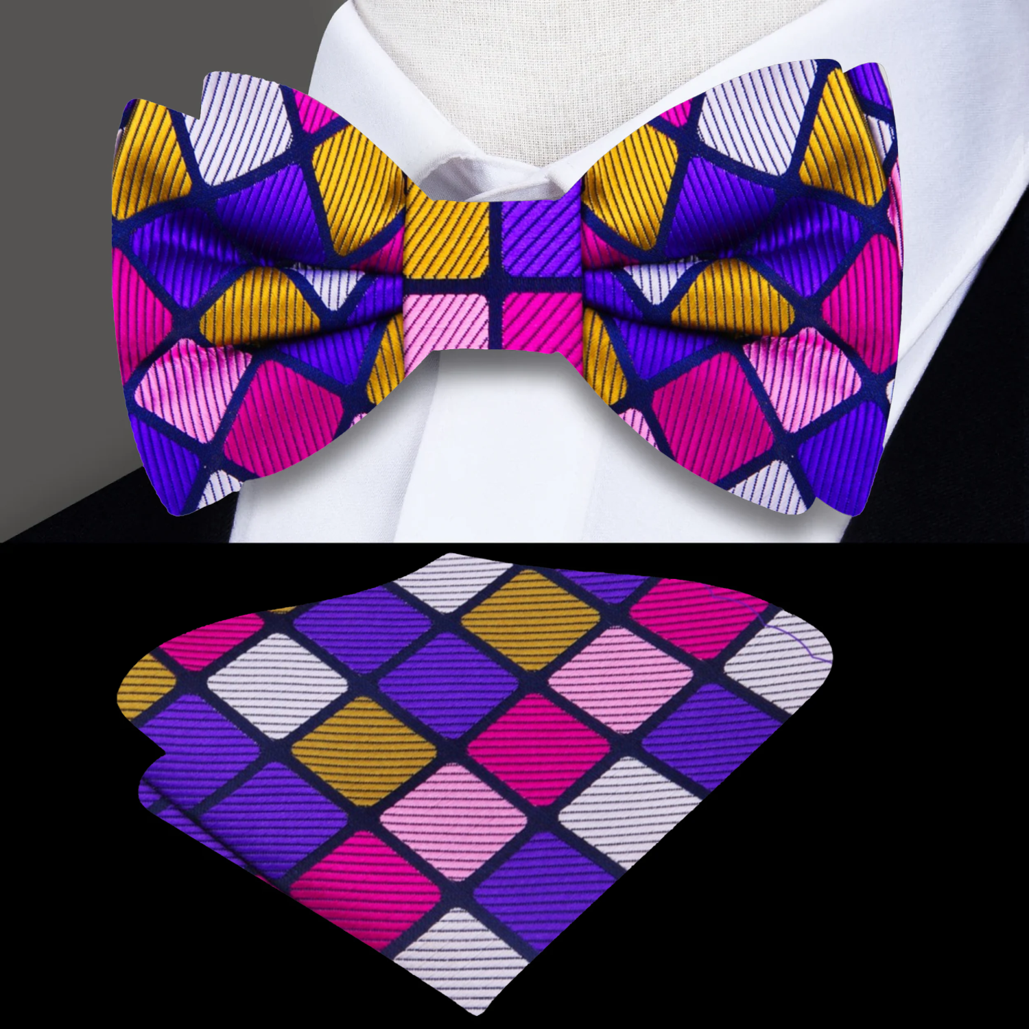 Blue self-tie bow tie with matching pocket square set against a dark suit.