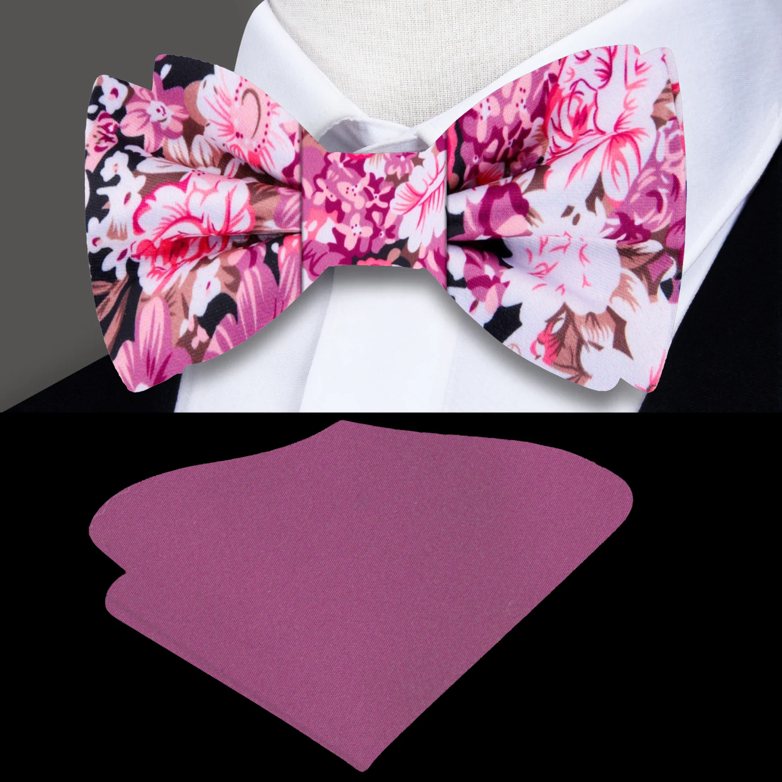 Close-up of silk floral bow tie with pink and brown bouquet pattern