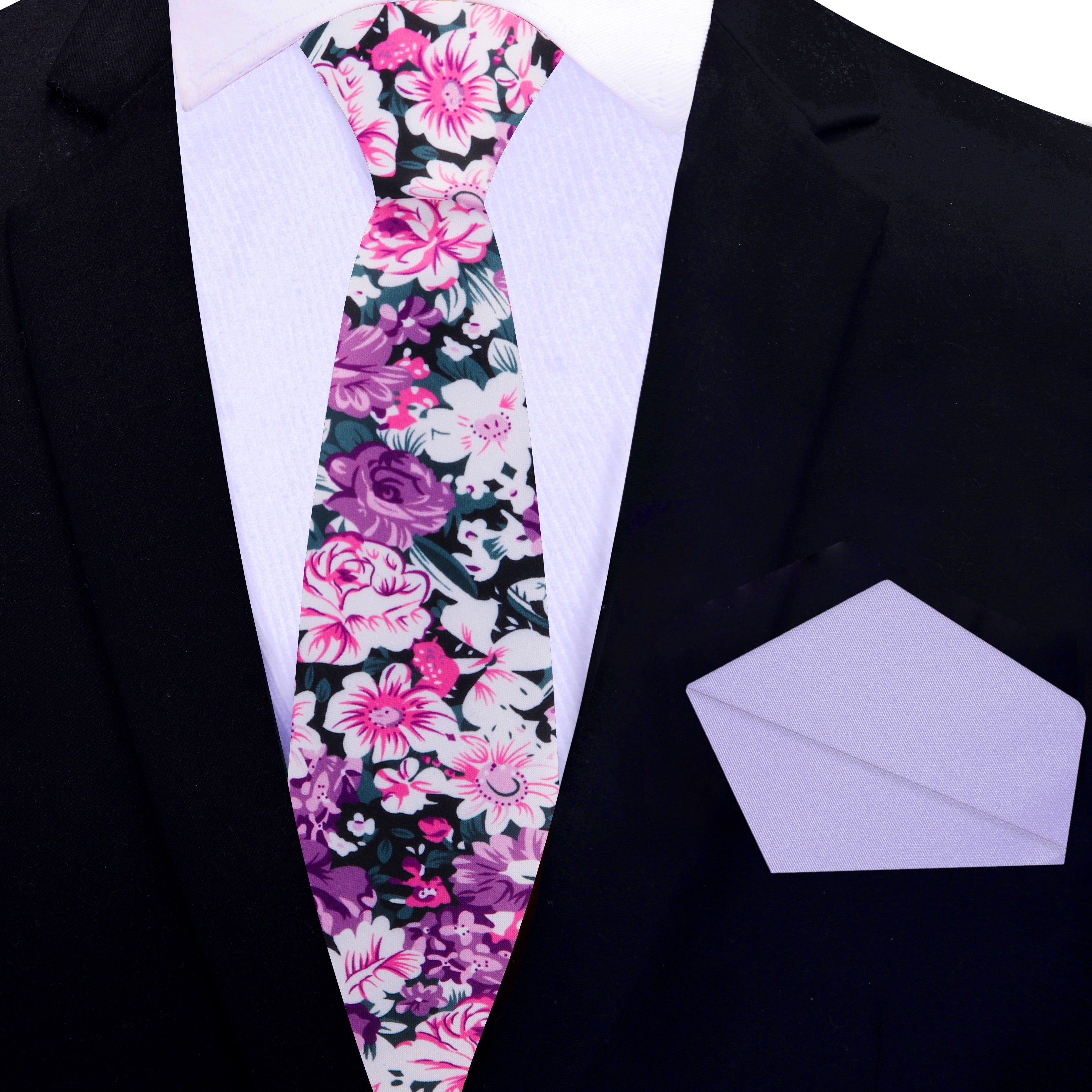 Elegant pink floral tie with matching pocket square for formal events