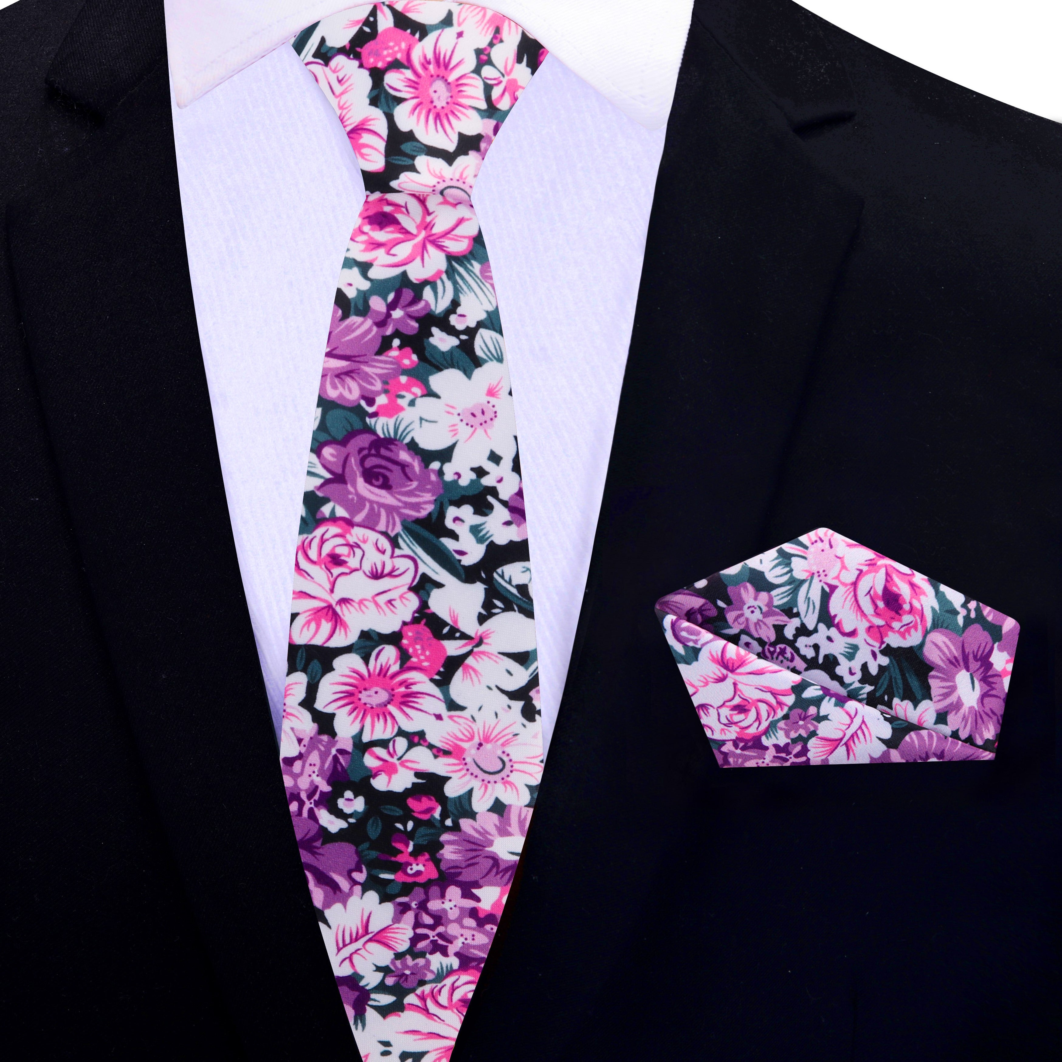 Elegant pink floral tie with matching pocket square for formal events