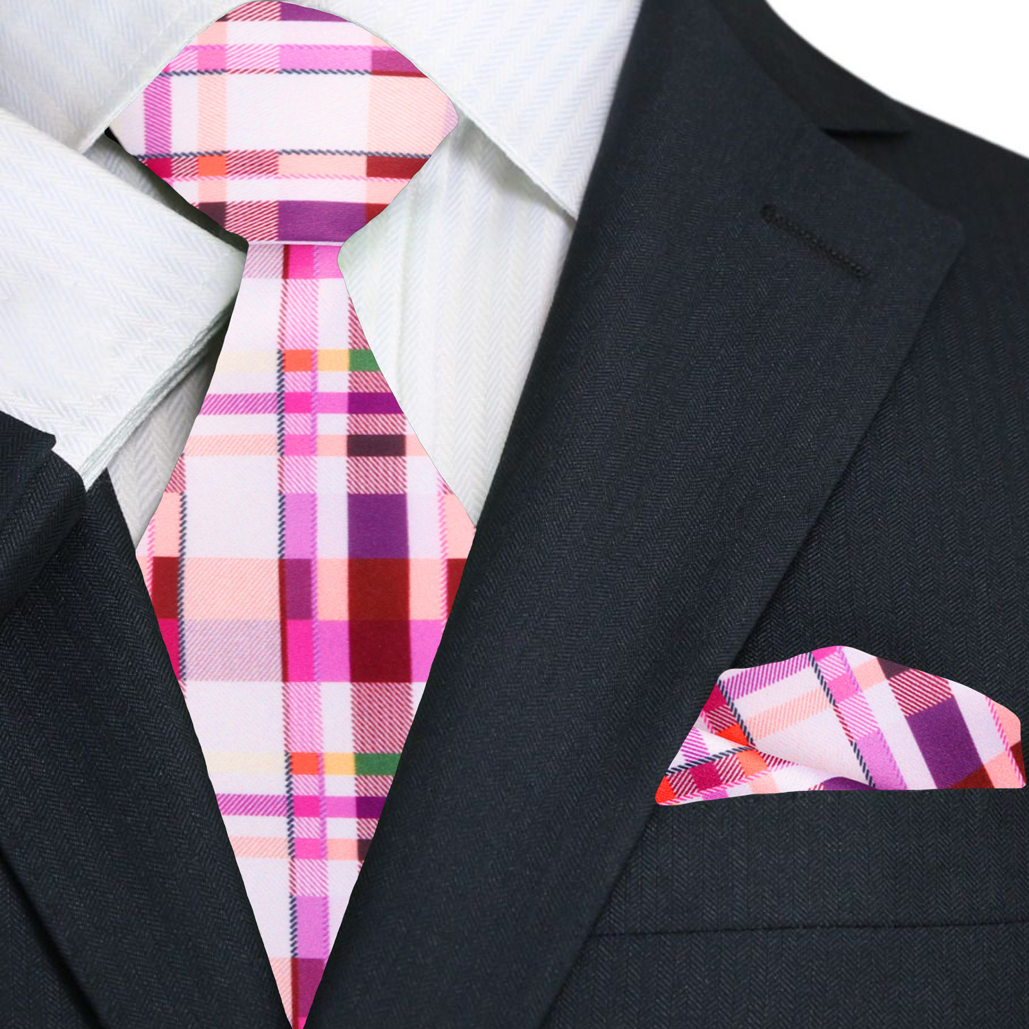 Close-up of the abstract plaid pattern on the silk necktie, highlighting the intricate design and luxurious texture.