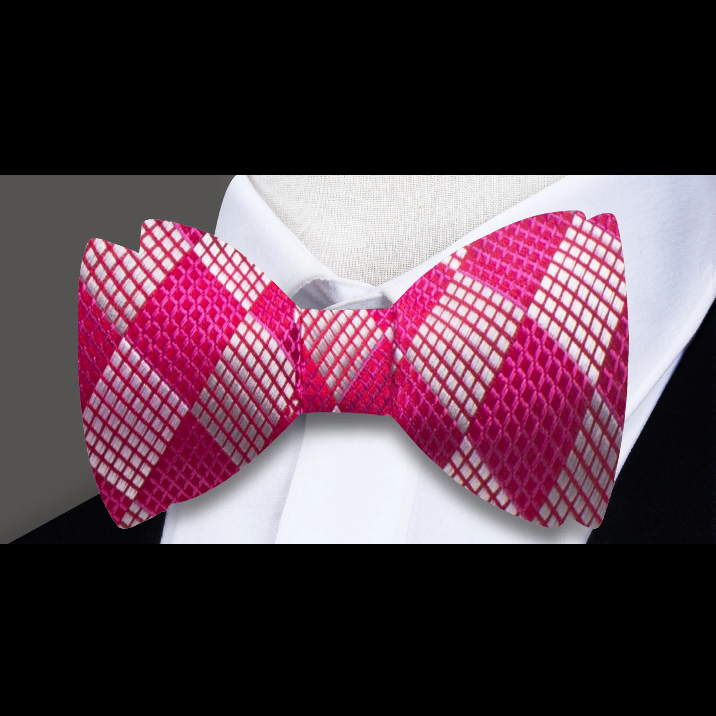 Front view of a geometric silk bow tie in pastel colors, suitable for weddings