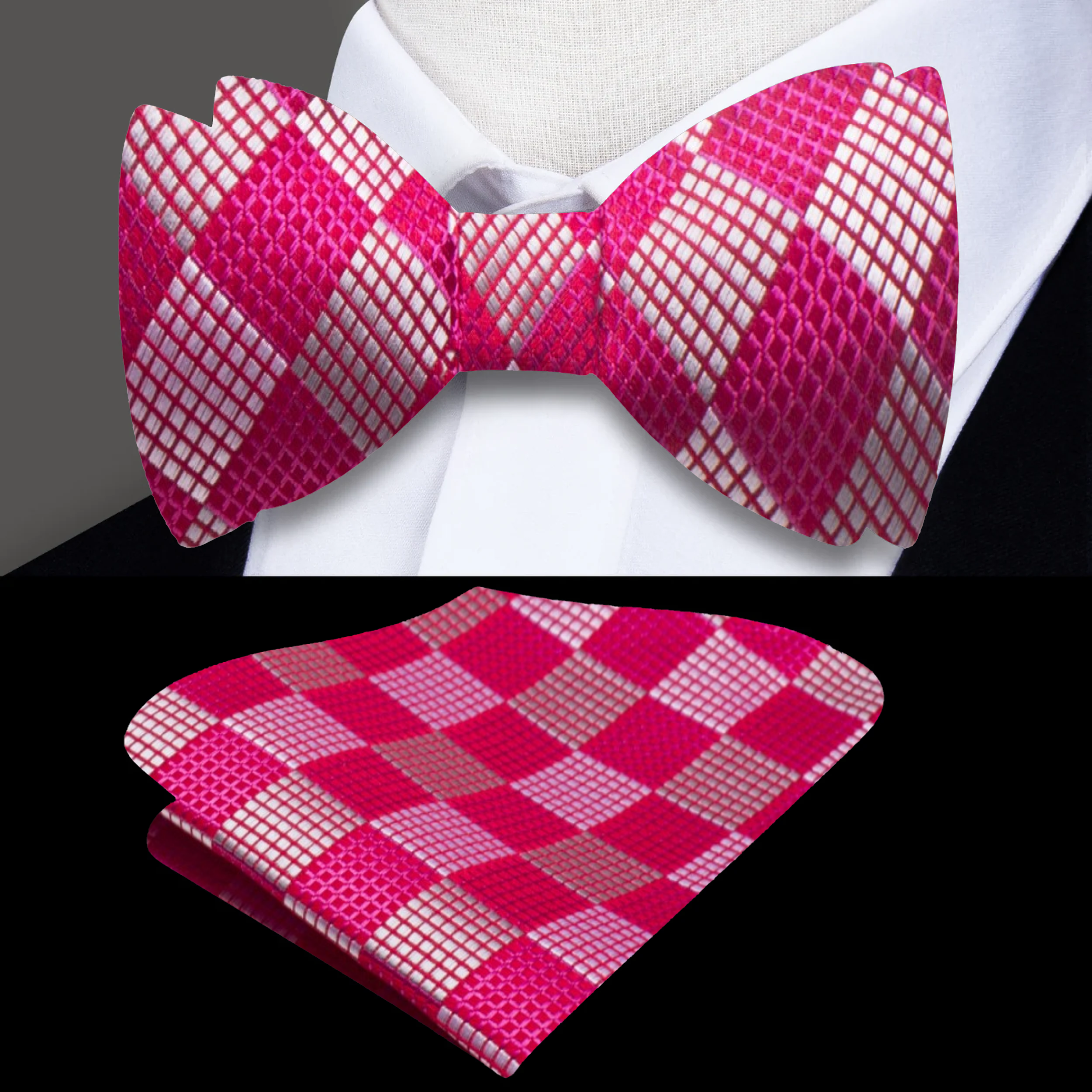 Close-up of the textured pattern and vibrant colors of the silk bow tie