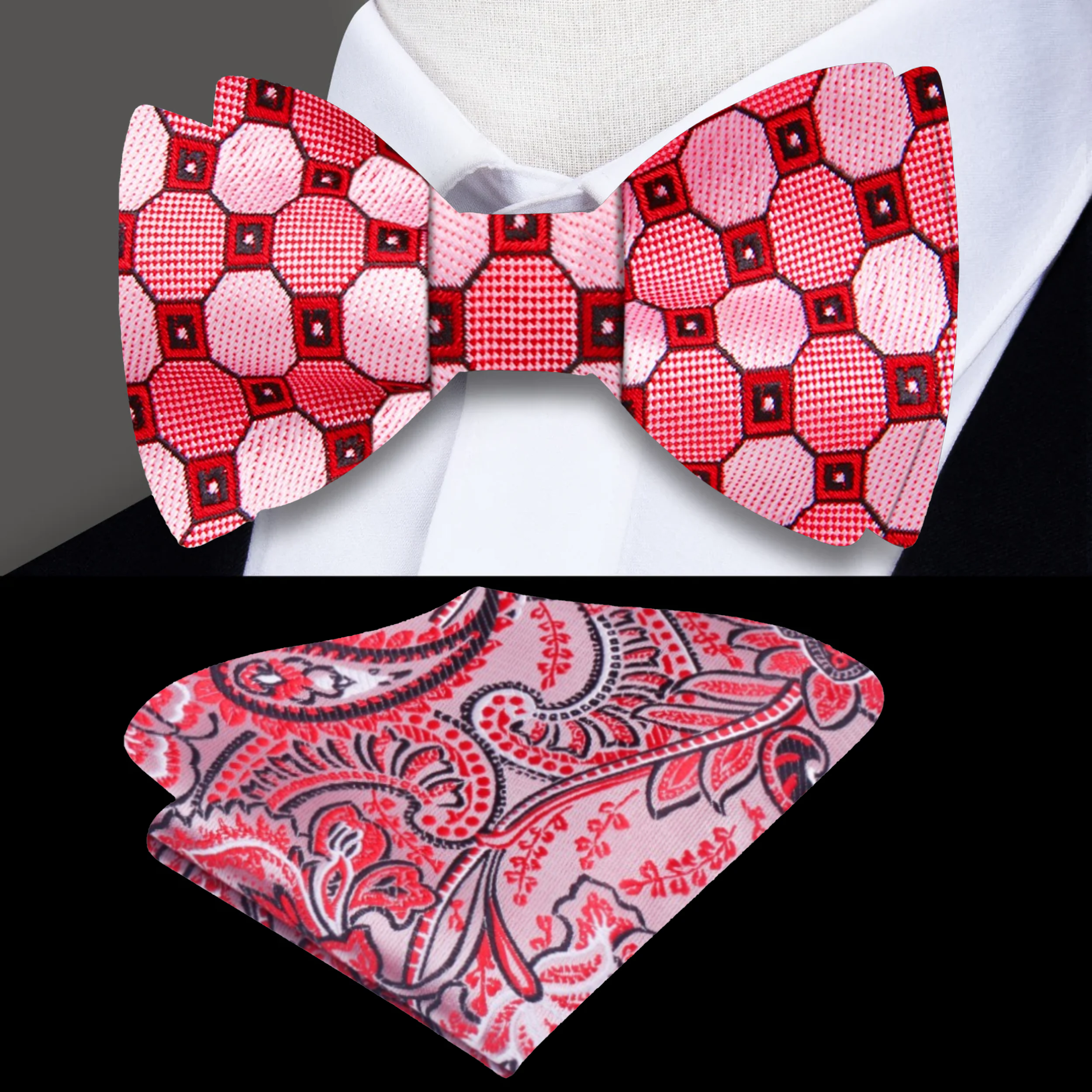 Close-up of Roxenfeld self-tie bow tie in pink and red geometric design, showcasing intricate patterns.