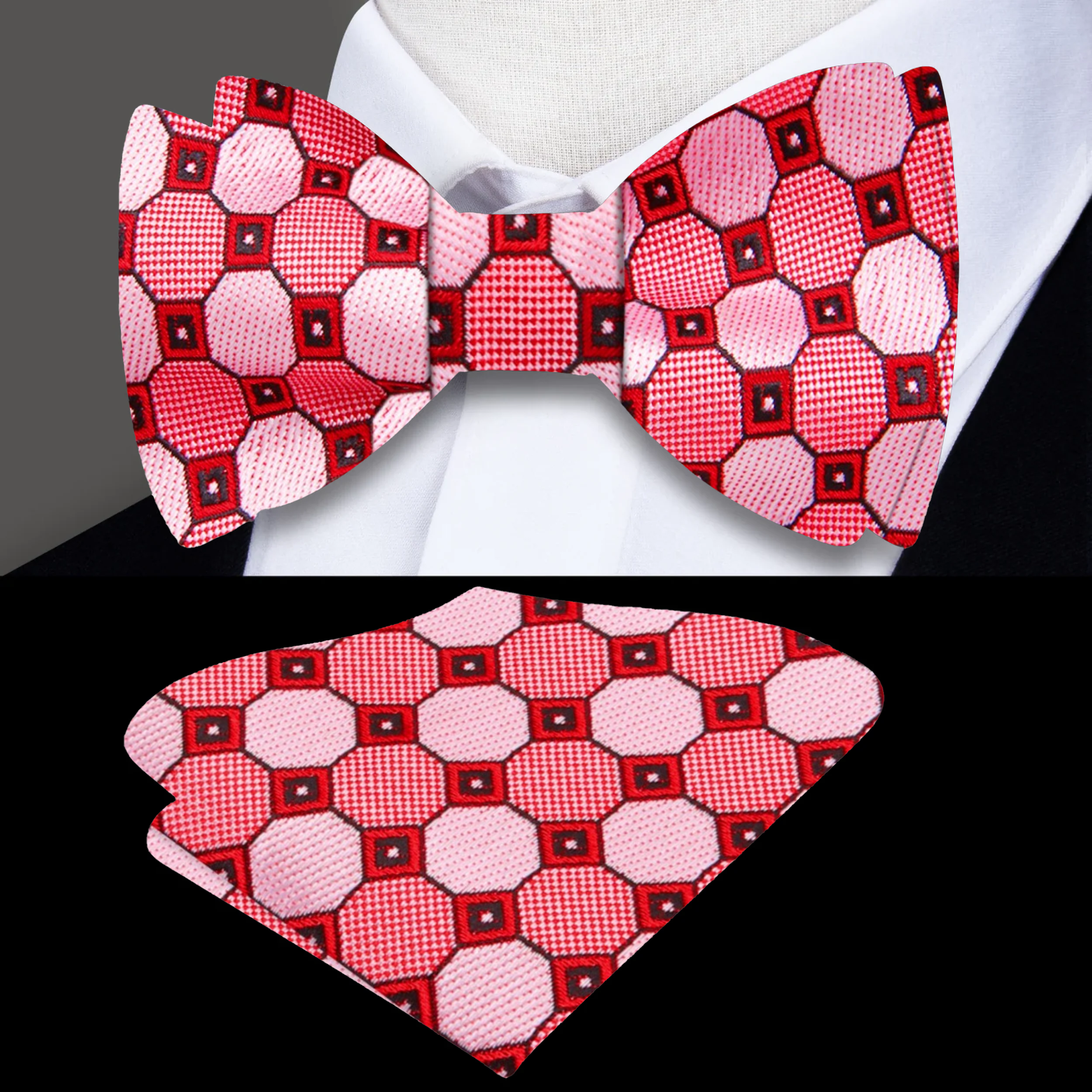 Roxenfeld self-tie bow tie paired with a light grey suit, highlighting a stylish formal look.