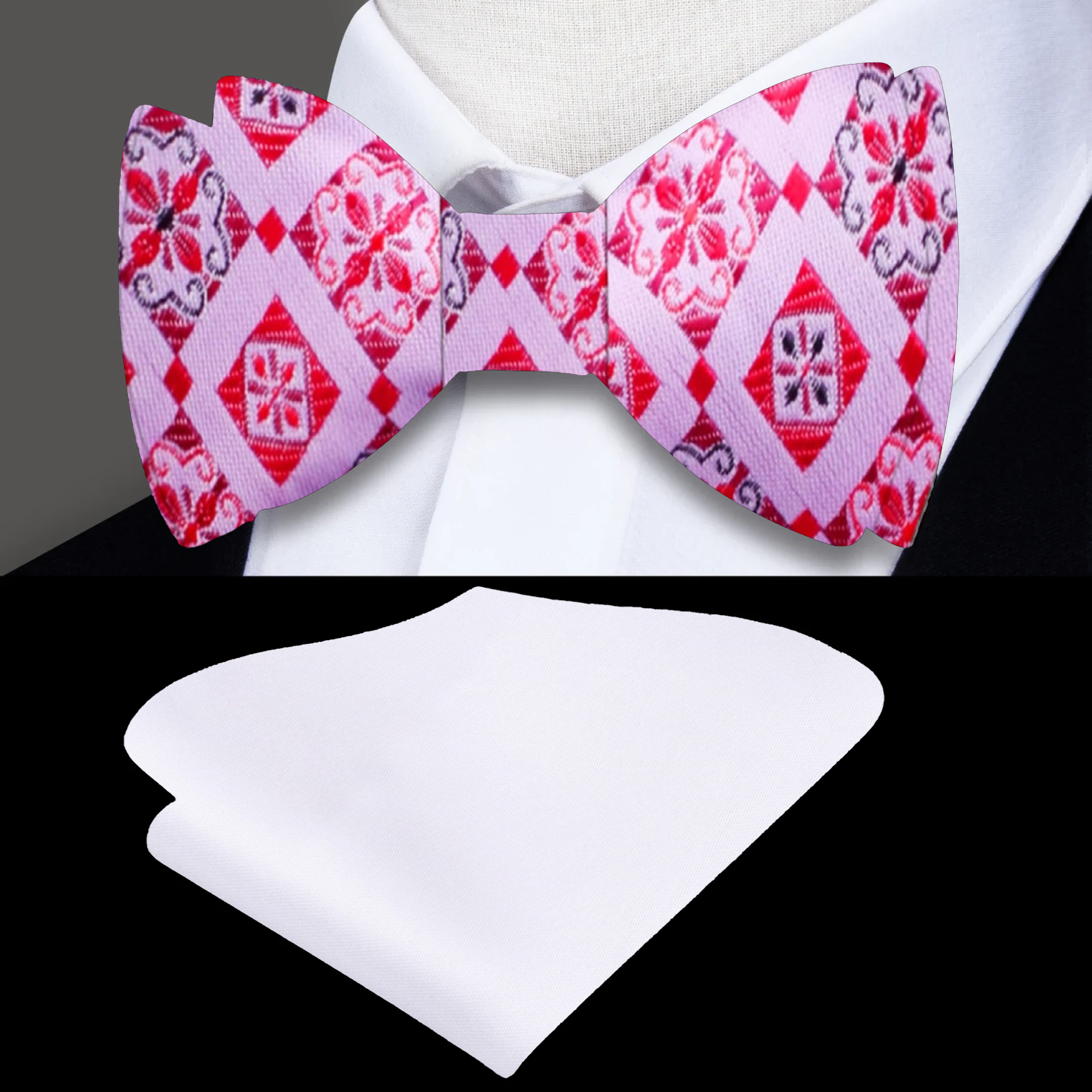 Close-up view of the vibrant pink and red geometric silk bow tie, highlighting its intricate pattern.