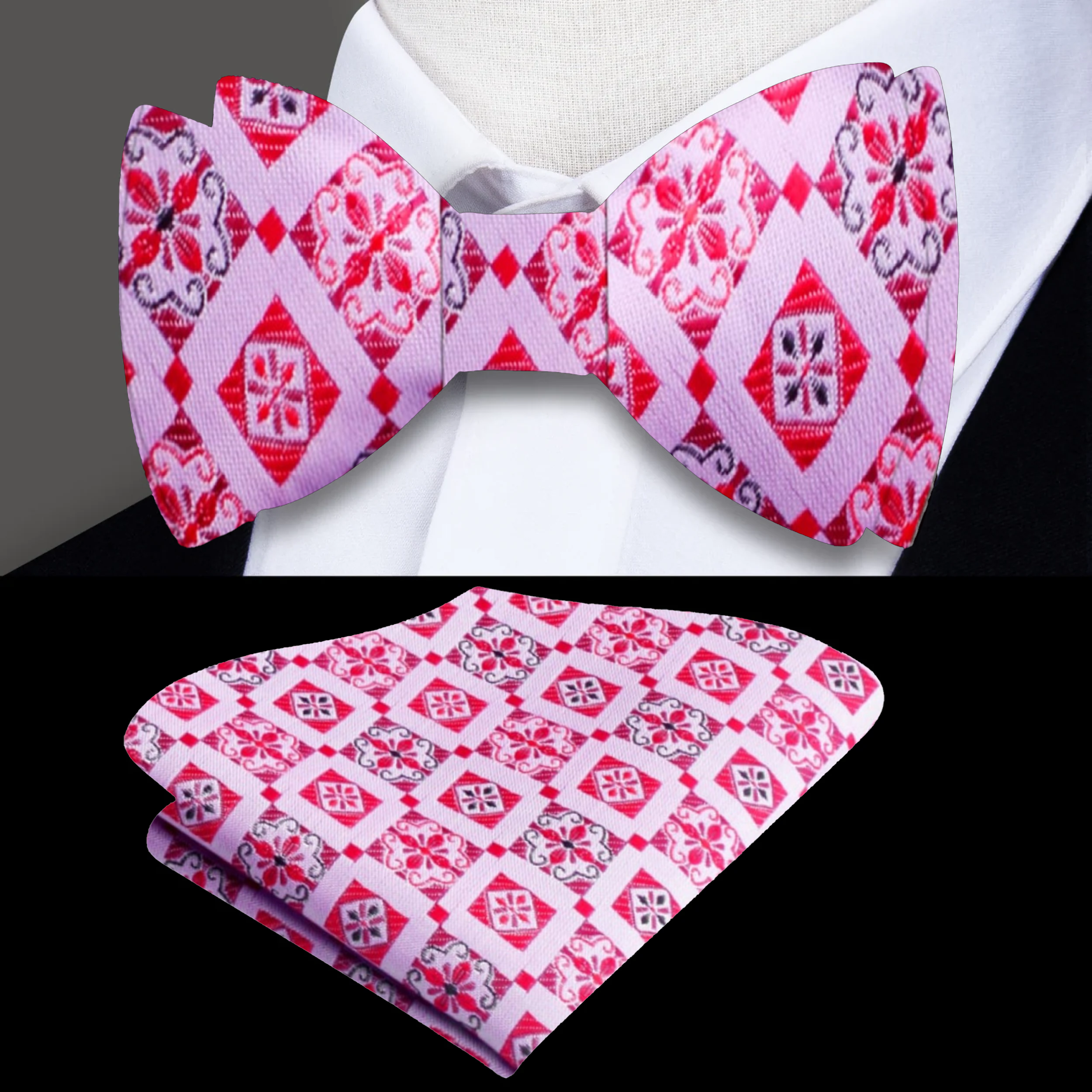 Stylish man wearing a pink and red geometric bow tie with a matching pocket square at an outdoor event.