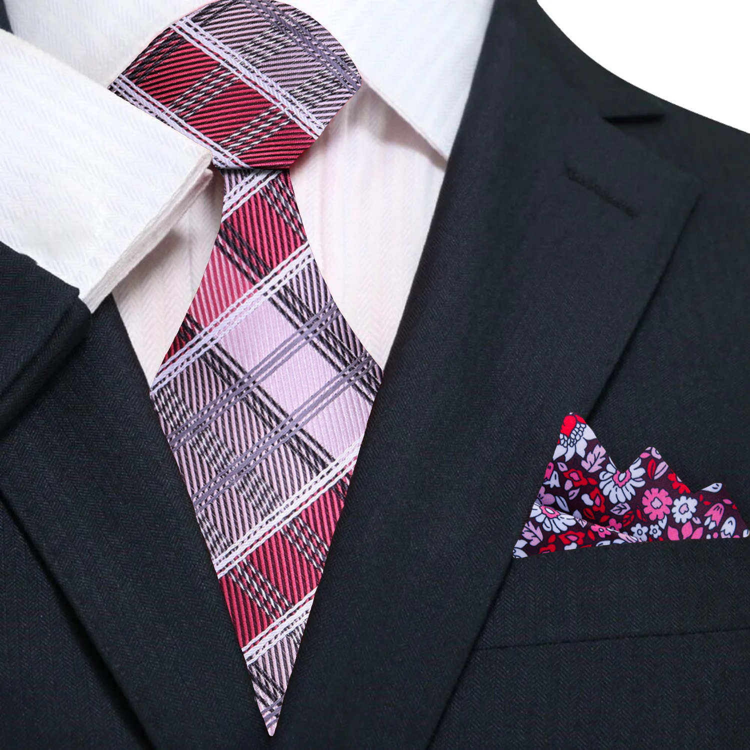Man wearing stylish plaid tie with navy suit for business meeting