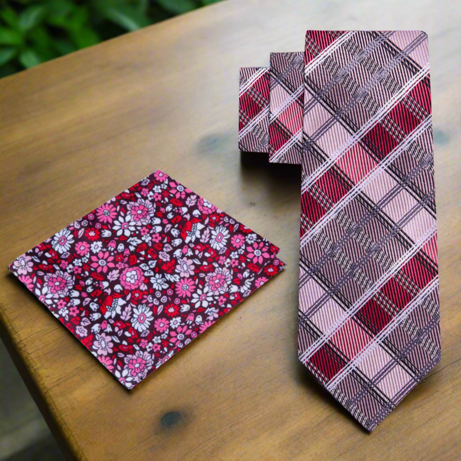 Silk necktie styled with white dress shirt and matching pocket square for wedding