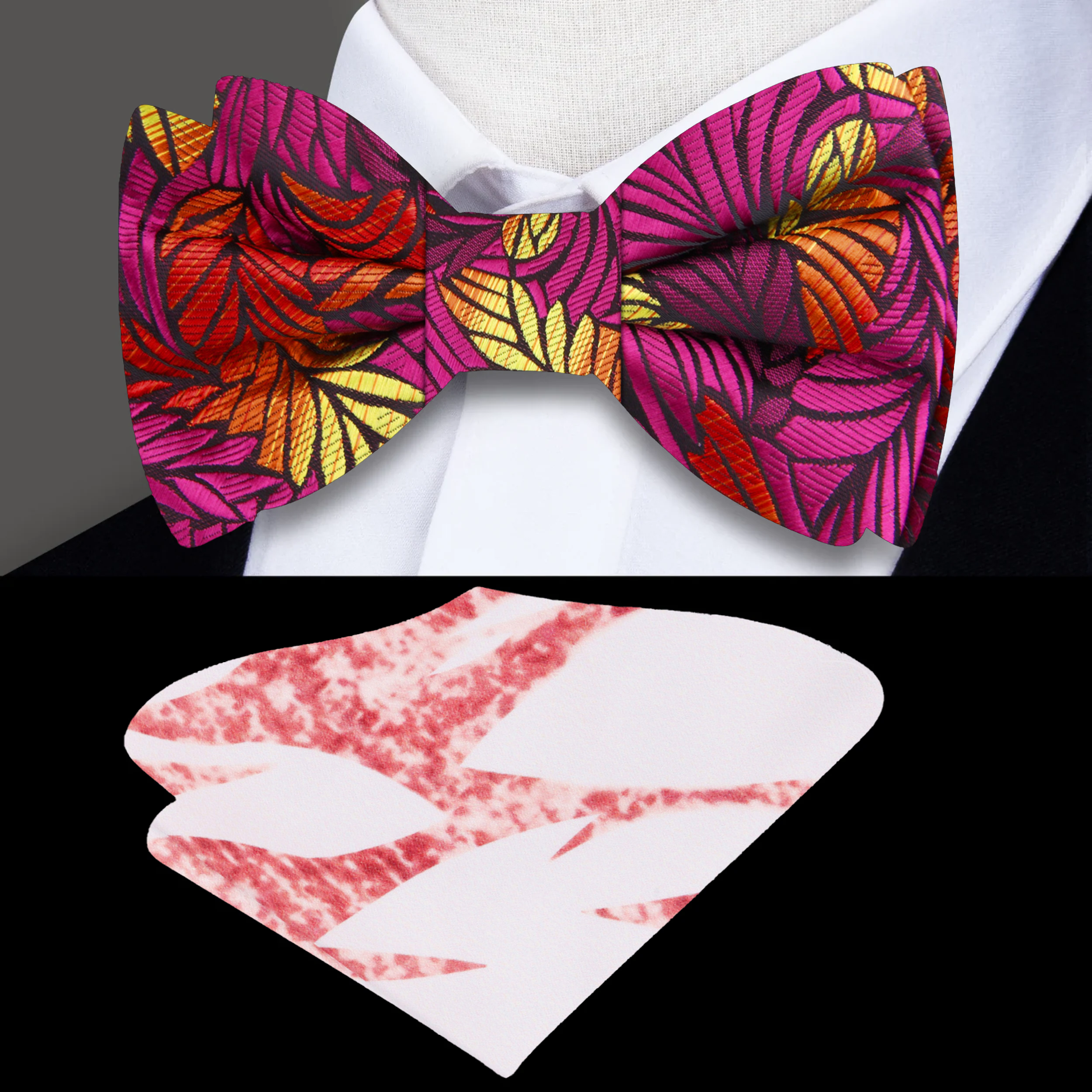 Close-up view of colorful abstract feather bow tie showcasing intricate patterns and vibrant colors.
