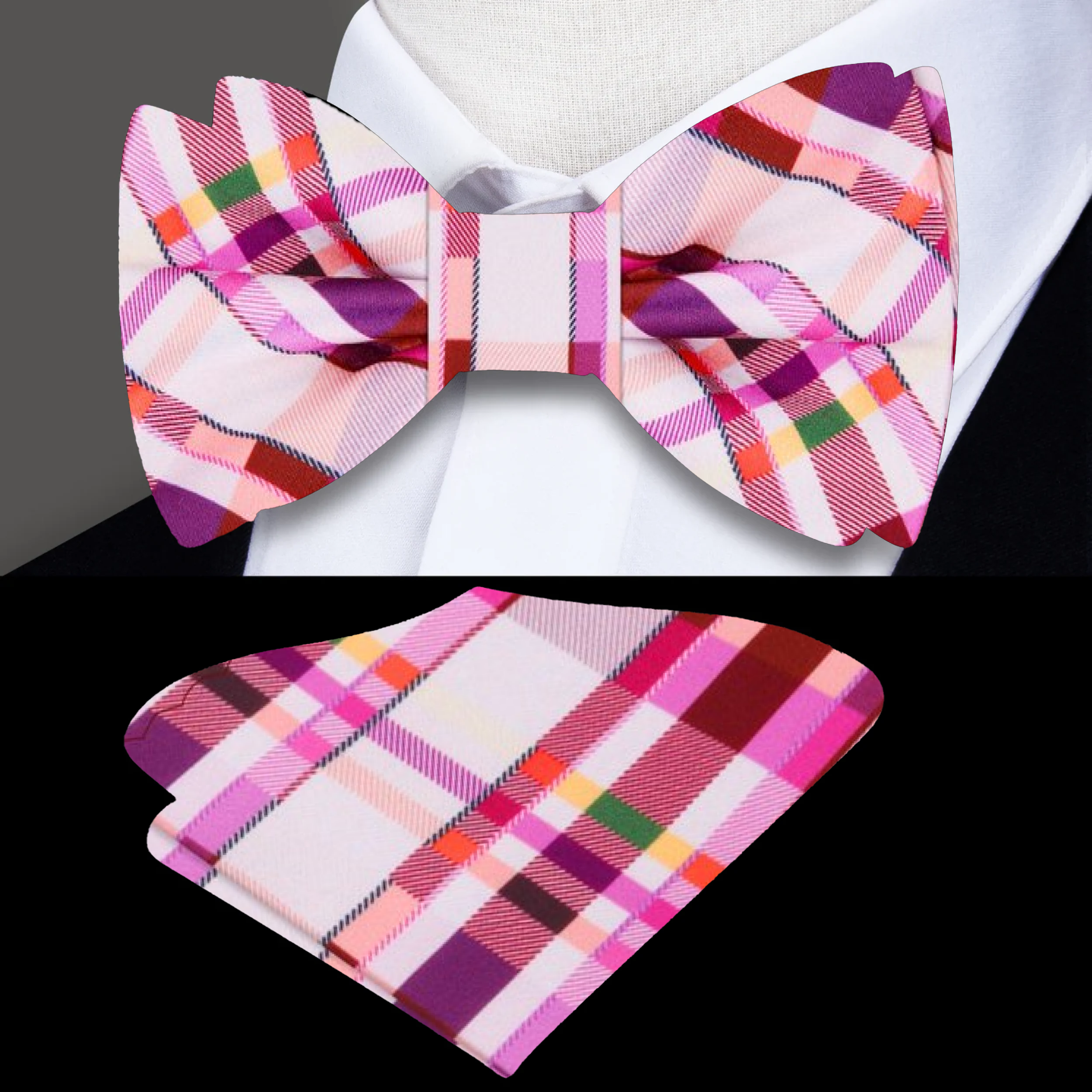 Close-up of the charming plaid bow tie highlighting the intricate 100% silk fabric.