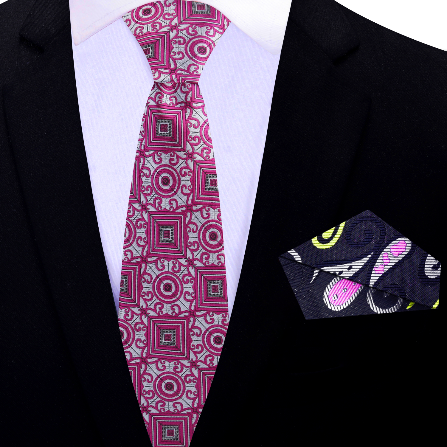 Close-up of the fabric pattern highlighting geometric design and silk texture