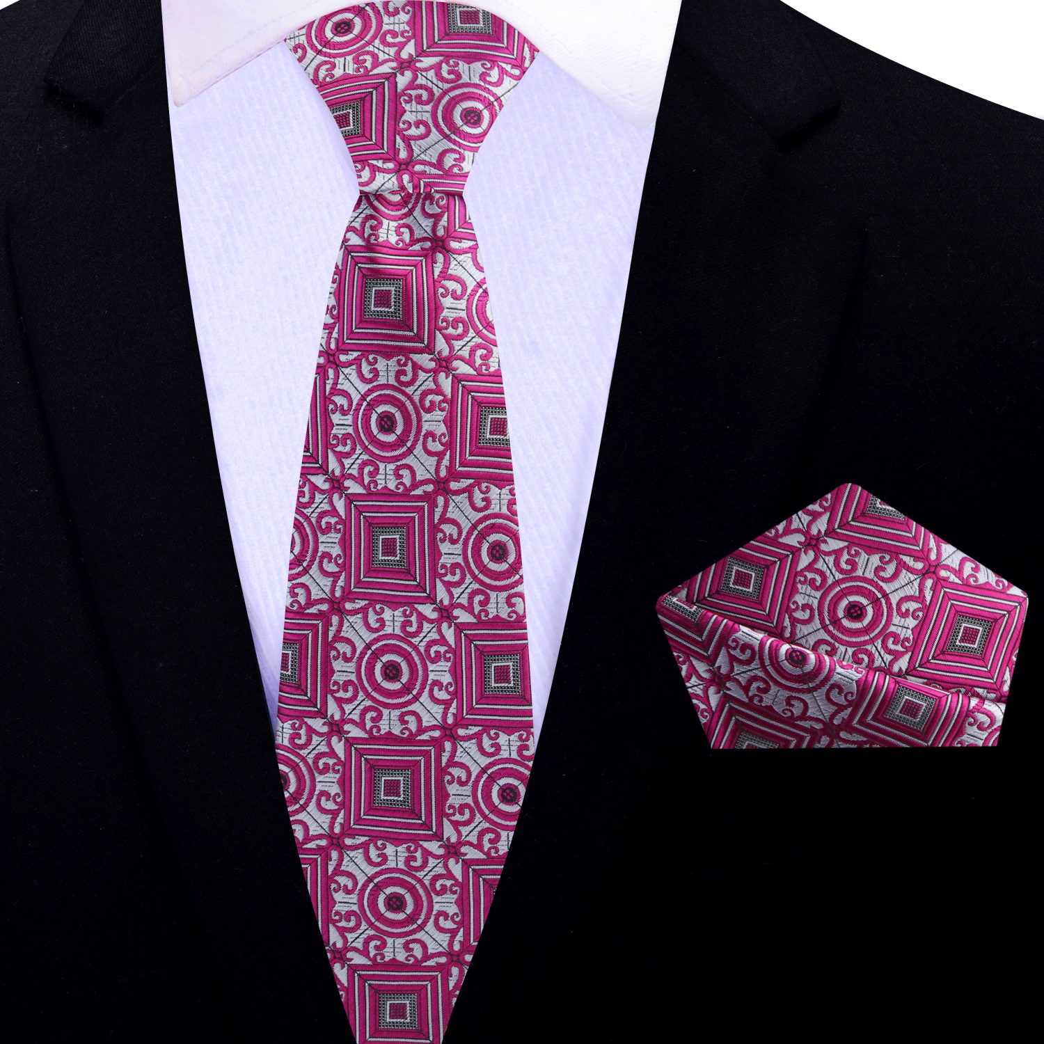 Front view of the Calyptus silk geometric necktie in silver, pink, and black for formal events