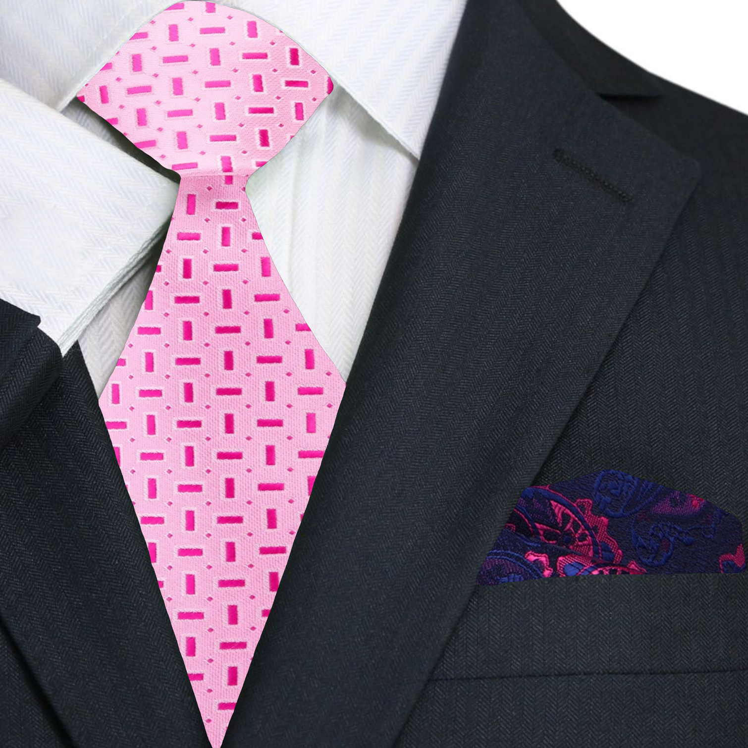 Close-up of the light pink geometric silk tie, showcasing its refined texture and colors.