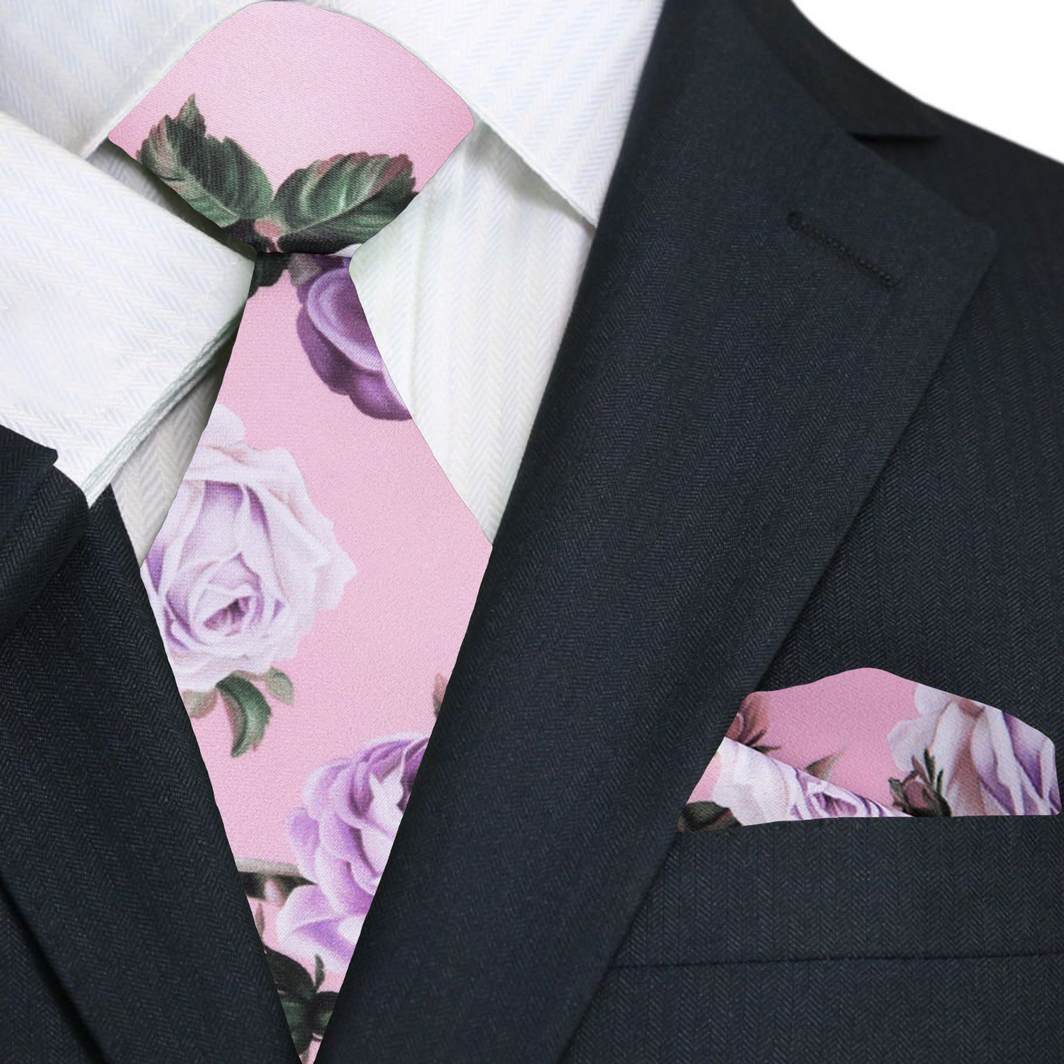 Model wearing the elegant floral silk necktie with a white dress shirt, demonstrating its perfect fit for formal occasions.
