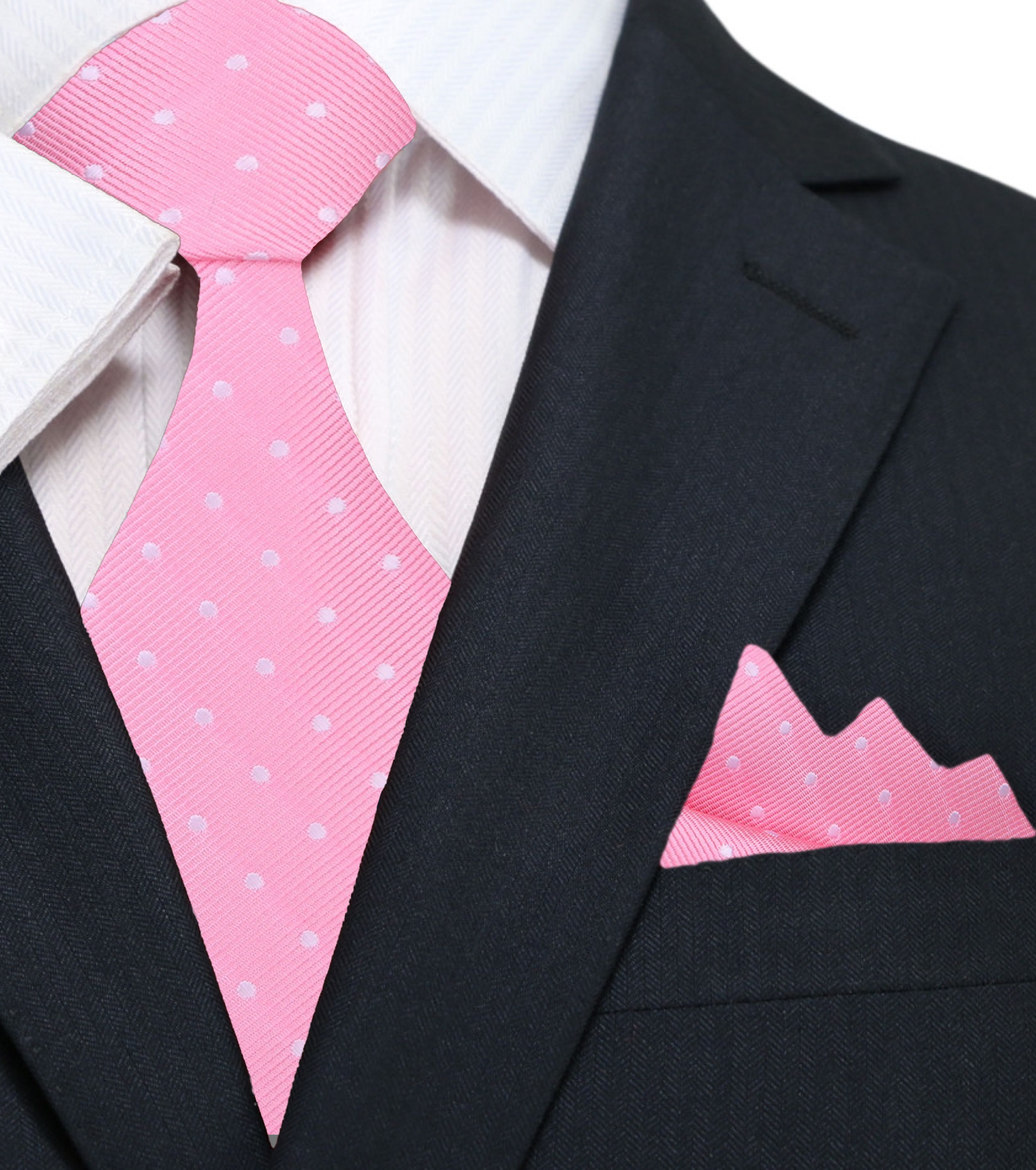 Close-up of a navy silk tie with white polka dots, ideal for formal occasions