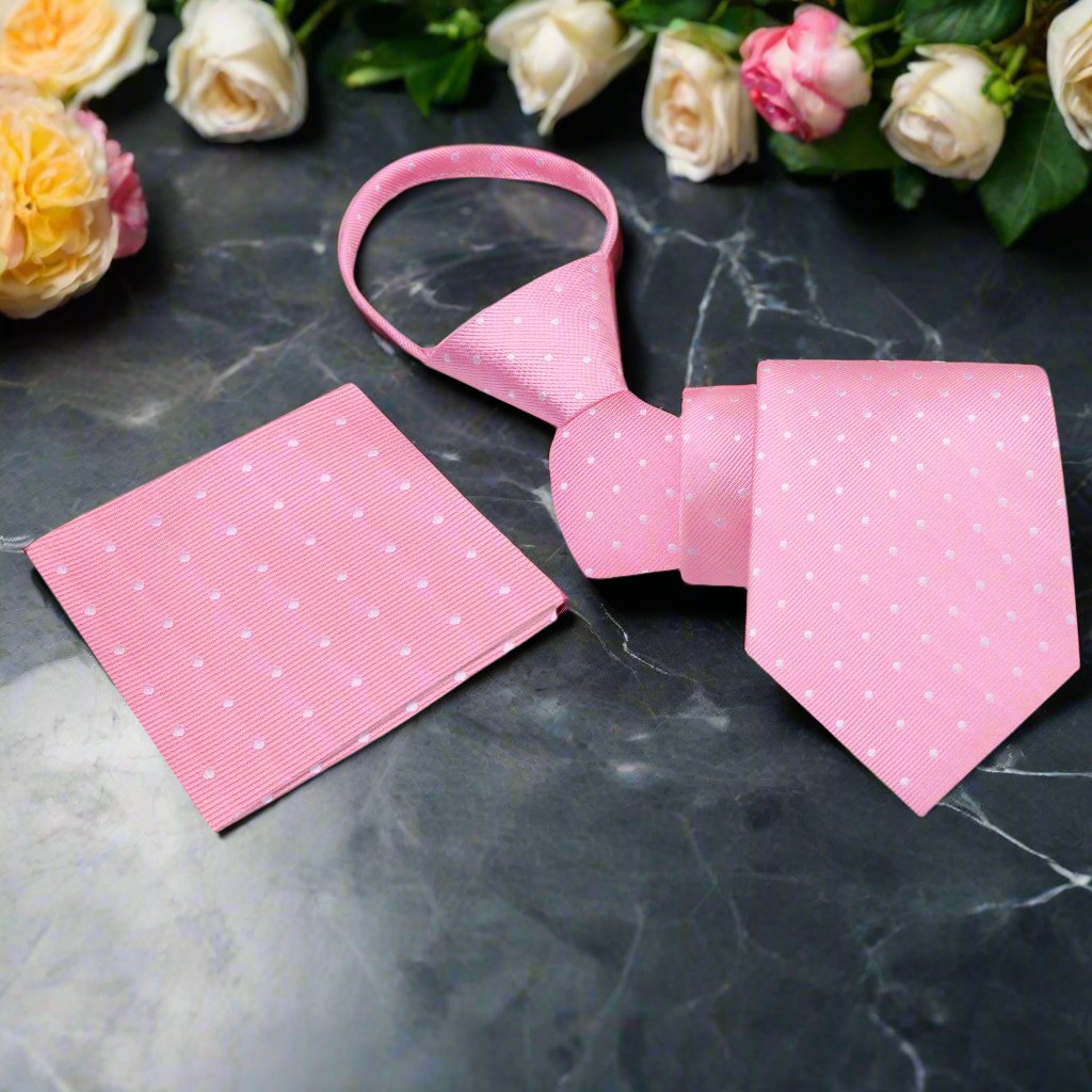 Fashionable polka dot silk tie displayed on a hanger with vibrant color options