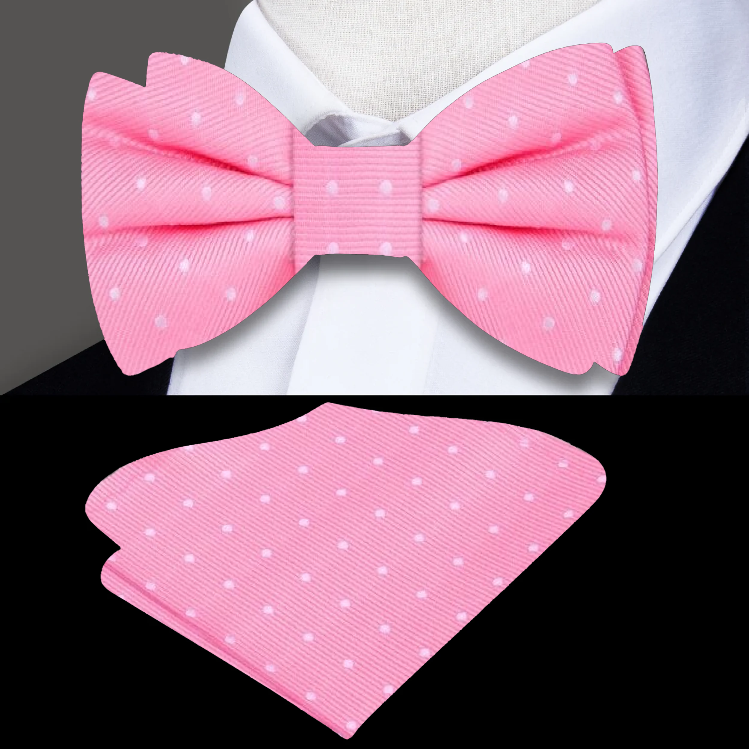 White polka dot silk bow tie and pocket square laid flat to show texture and craftsmanship