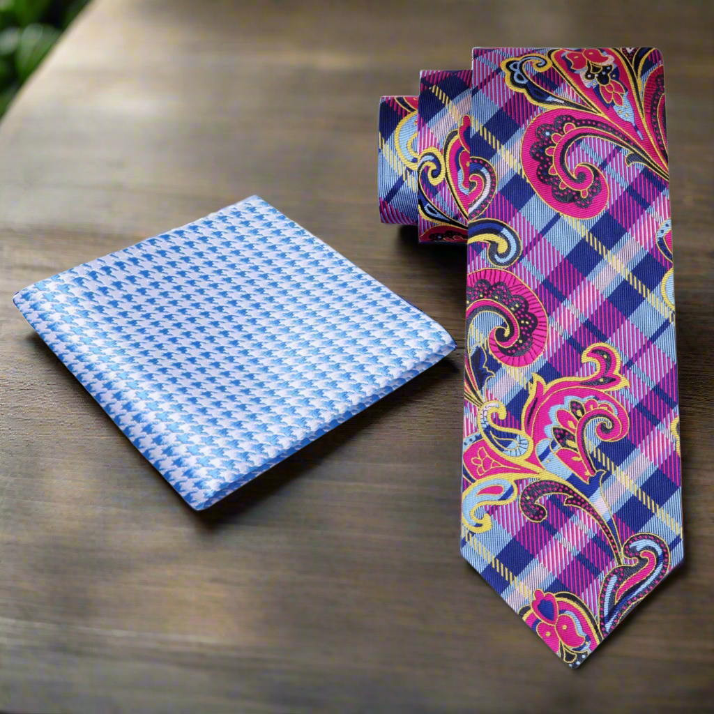 Close-up of vibrant paisley silk necktie showcasing its intricate patterns.
