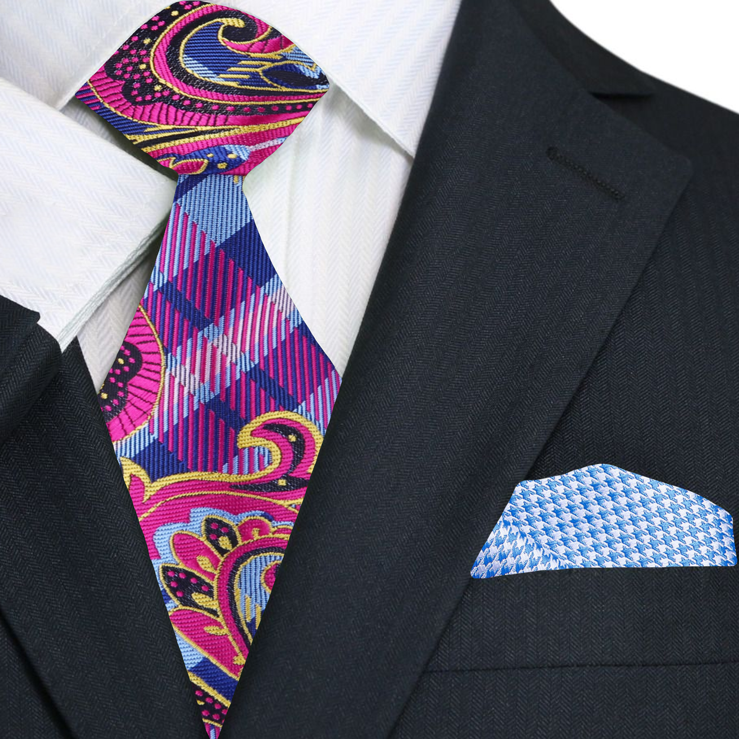 Close-up of vibrant paisley silk necktie showcasing its intricate patterns.