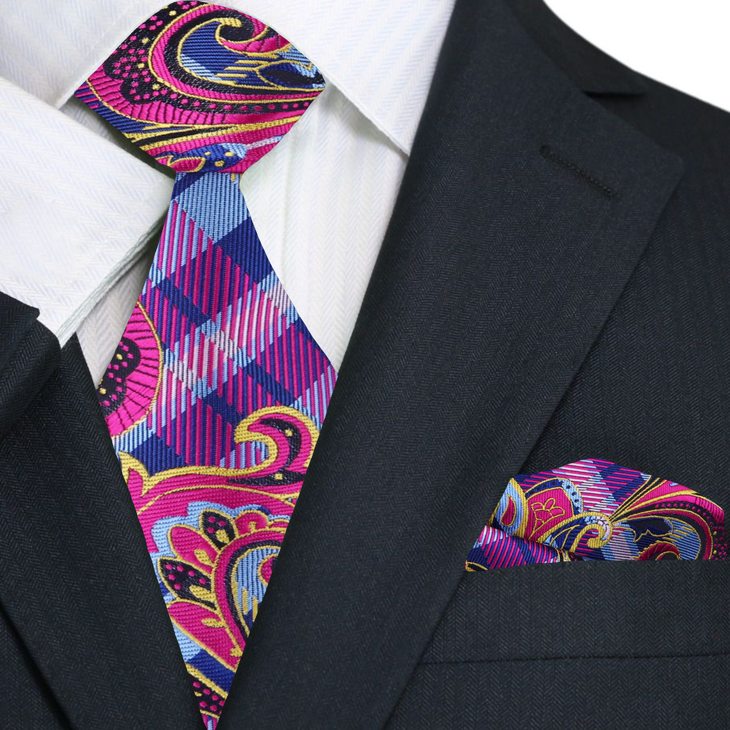 Vibrant paisley necktie styled with a white dress shirt and navy suit.