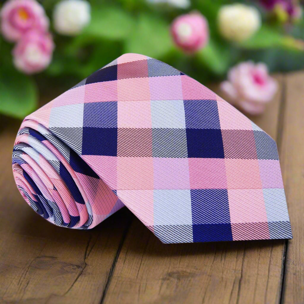 Close-up of men's silk checkered necktie in blue and pink with modern pattern