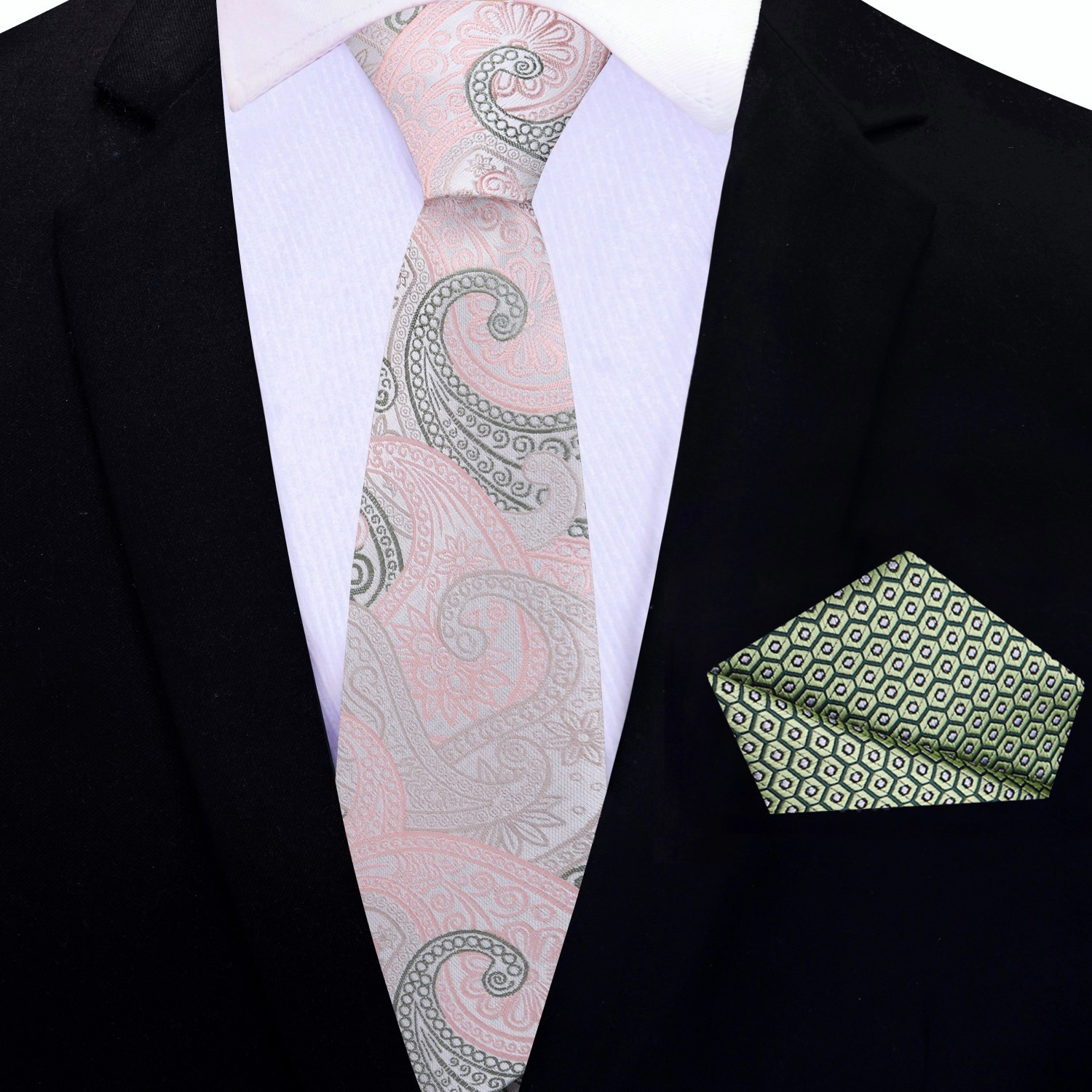 Detail shot of intricate paisley pattern on silk tie