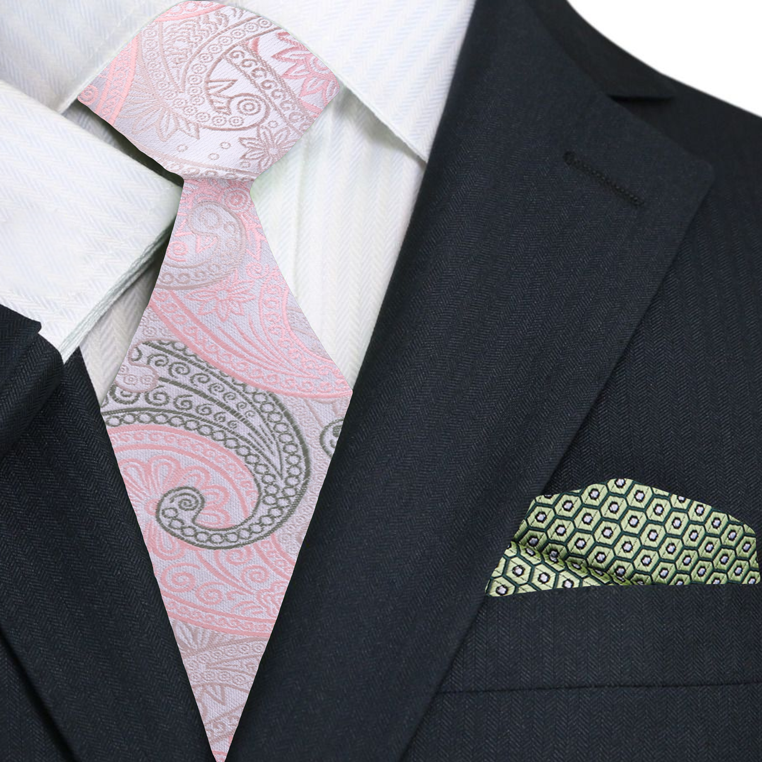 Man wearing silk paisley tie with navy suit at a wedding