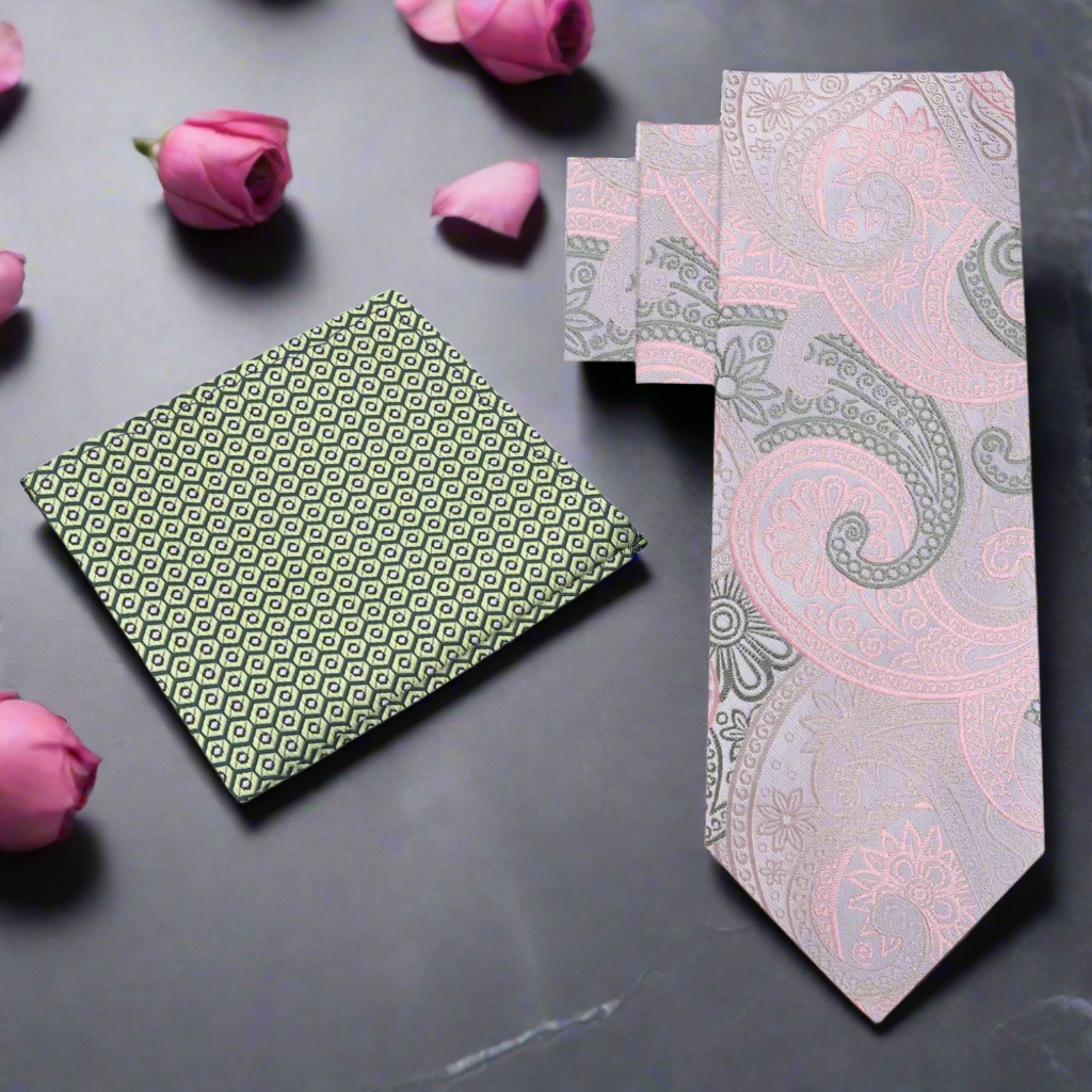 Close-up of silk paisley tie in pink and olive green for formal wear