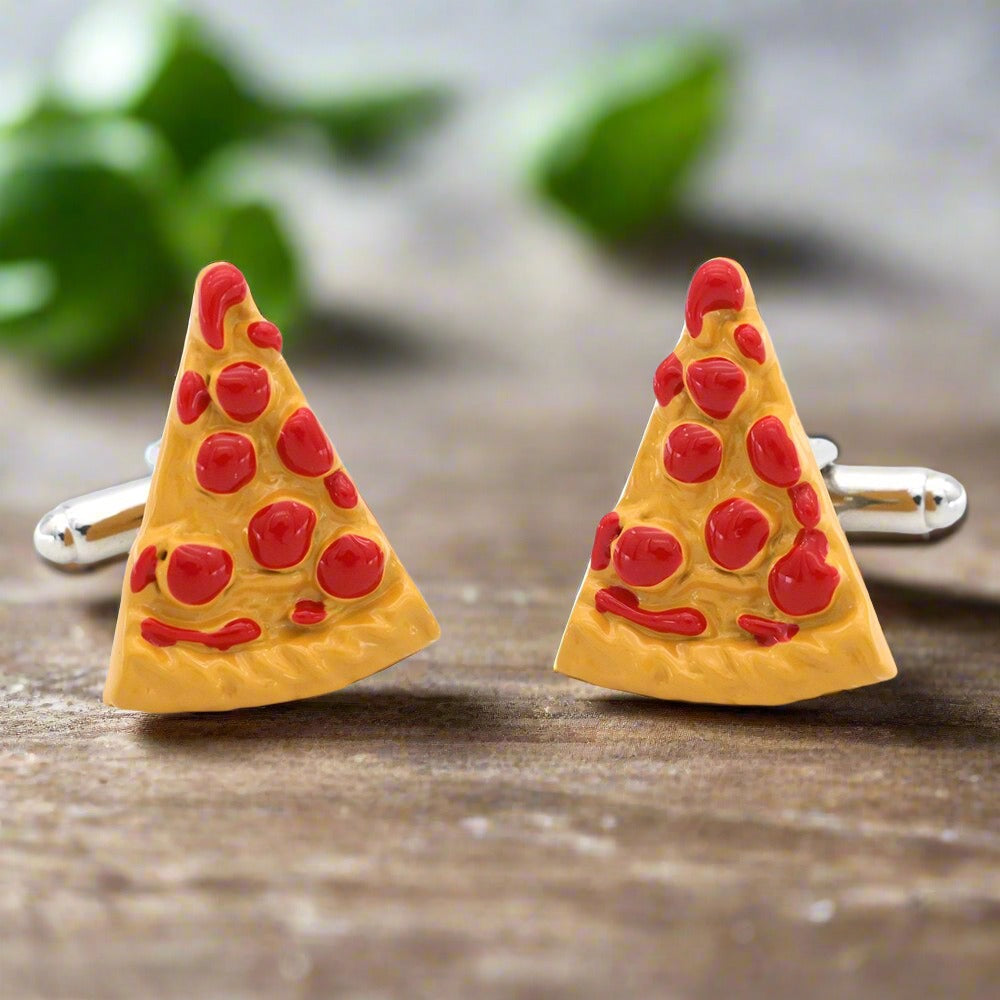 Man wearing pizza cufflinks at a casual party