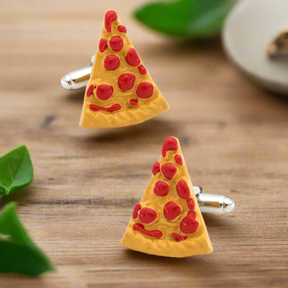 Colorful pizza slice cufflinks styled with a navy suit for casual events