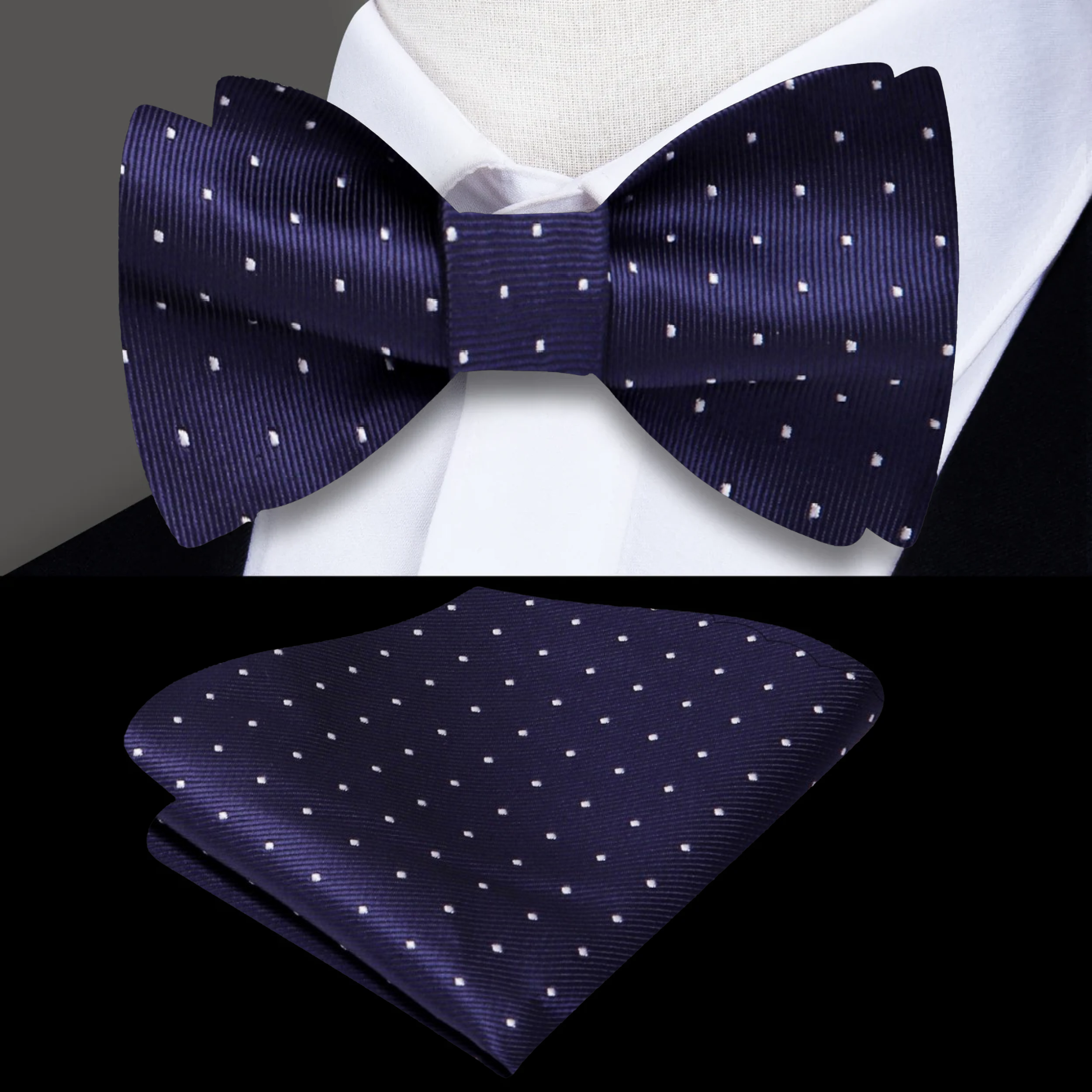 Vibrant red bow tie with small white and blue dots, ideal for formal occasions and weddings.