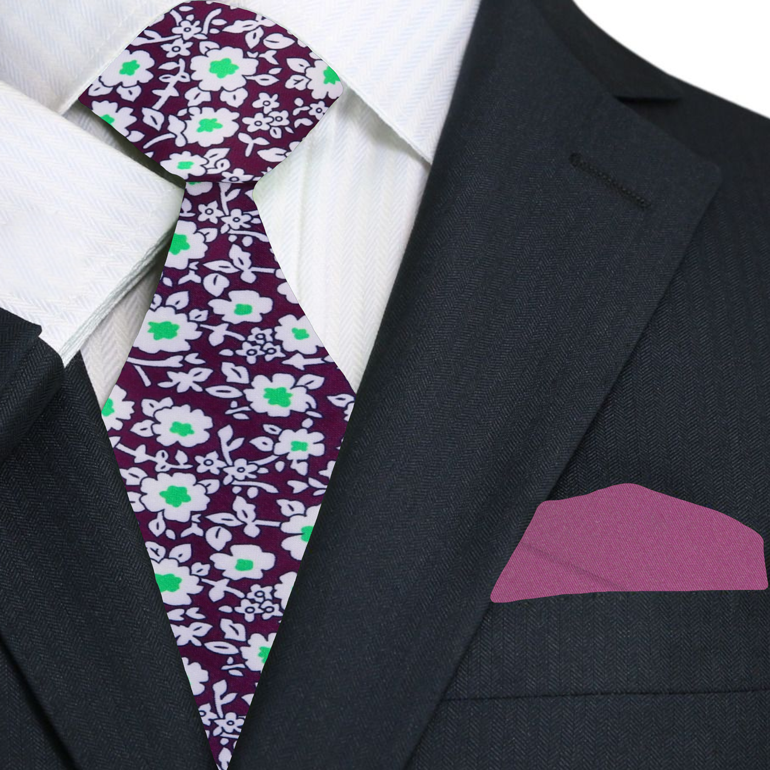 Mens floral silk necktie styled with a charcoal suit and white shirt for office wear