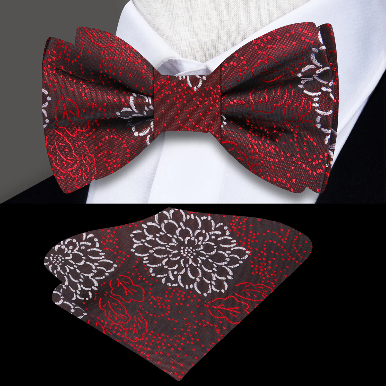 Man wearing festive Poinsettia floral bow tie with suit for holiday event