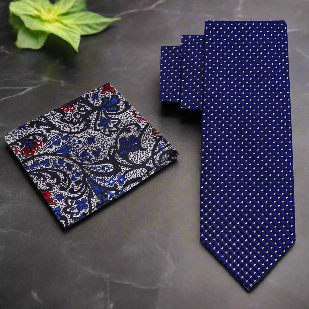 Detail shot of the tie and matching pocket square set, highlighting the modern design suitable for weddings and corporate events.