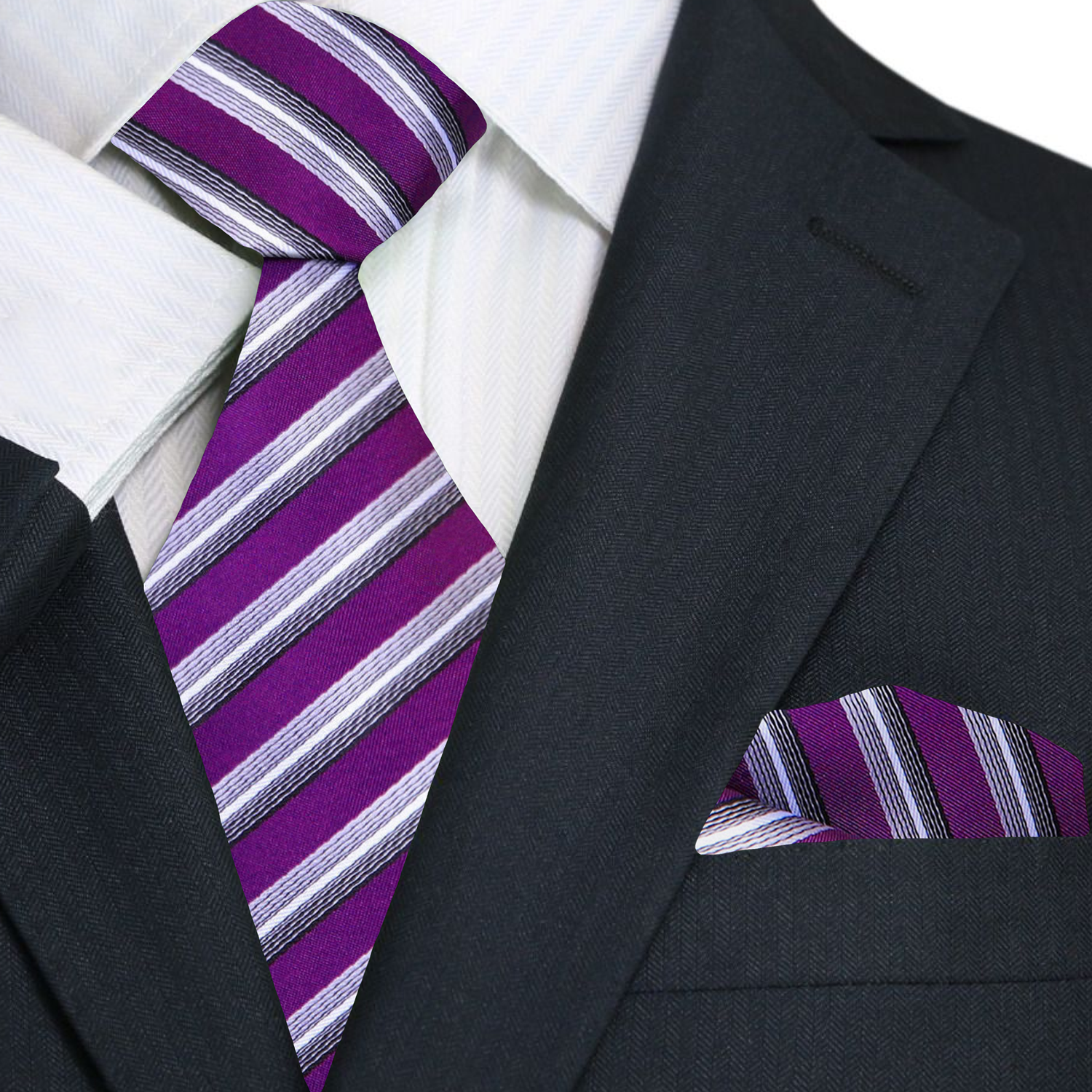 Close-up of purple and grey striped necktie, ideal for business meetings.