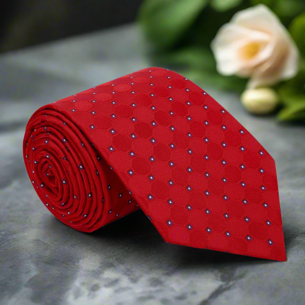 Close-up of red check pattern silk tie showcasing intricate design