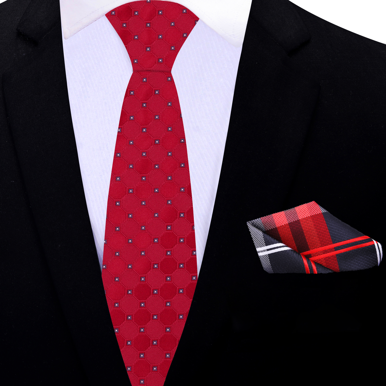 Man wearing red silk necktie with black suit for wedding