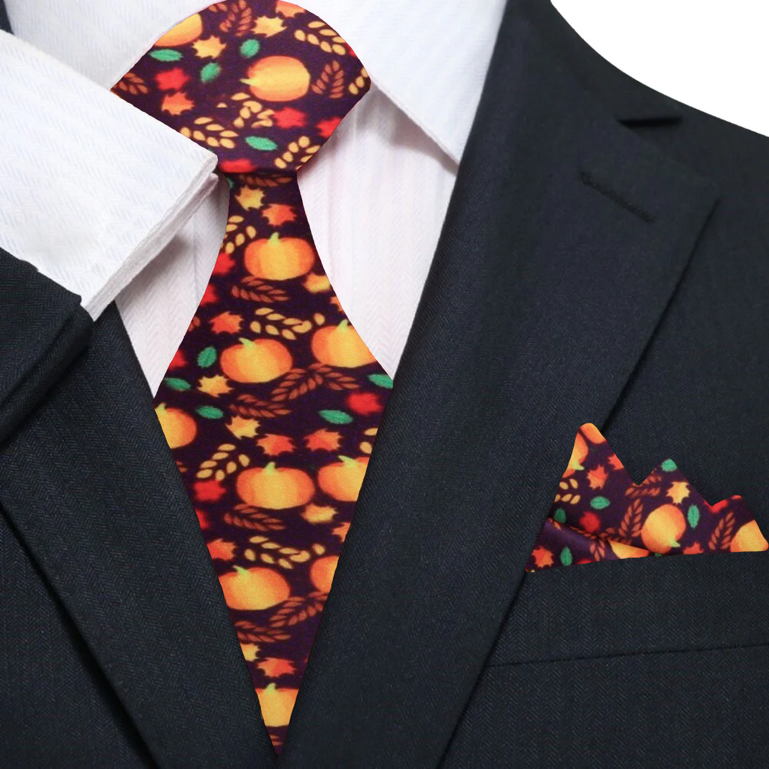 Stylish man wearing a fall wedding necktie with pumpkins, perfectly paired with a dark suit.