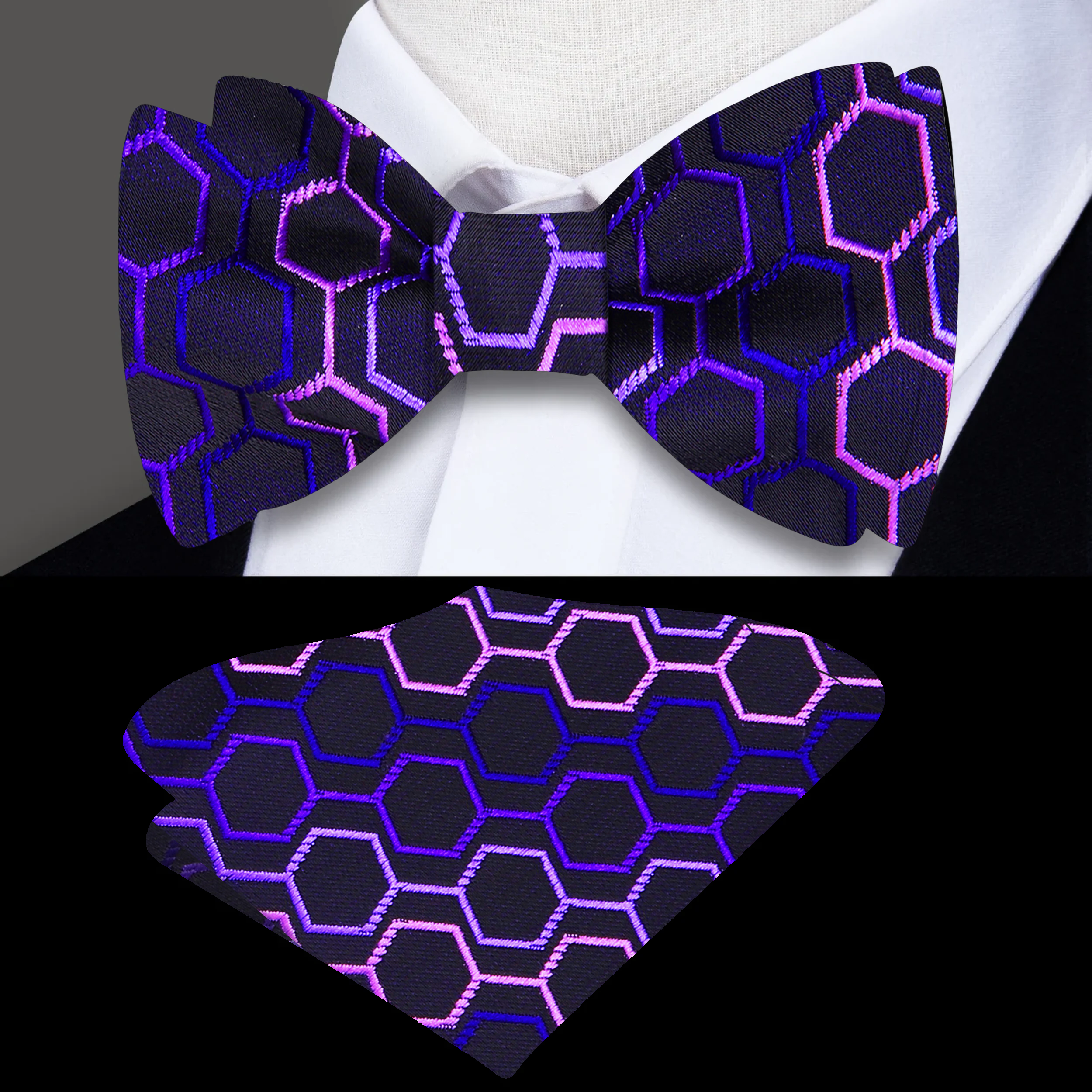 Complete set featuring a matching pocket square with a geometric honeycomb pattern.