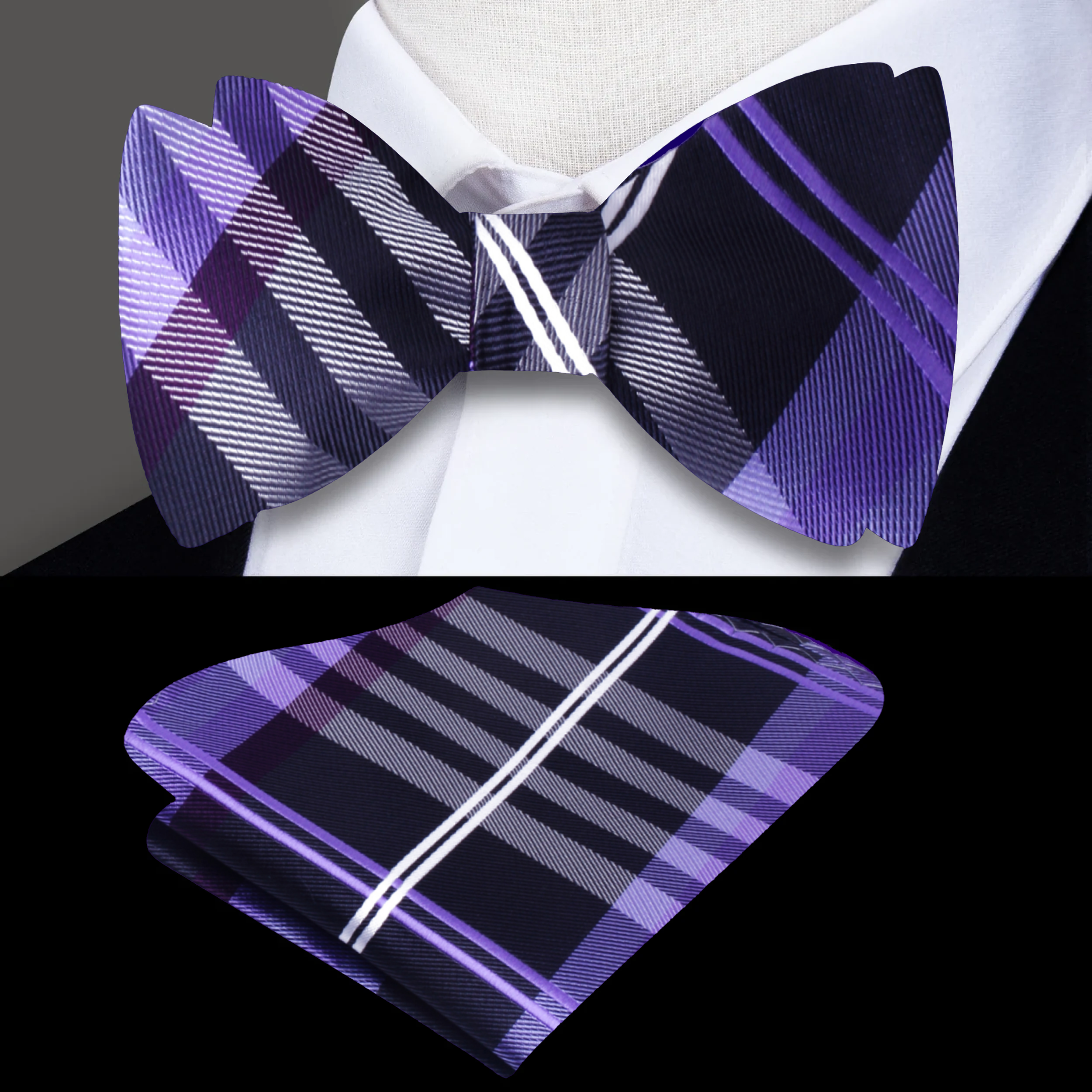 Close-up of a black and green plaid bow tie on a model